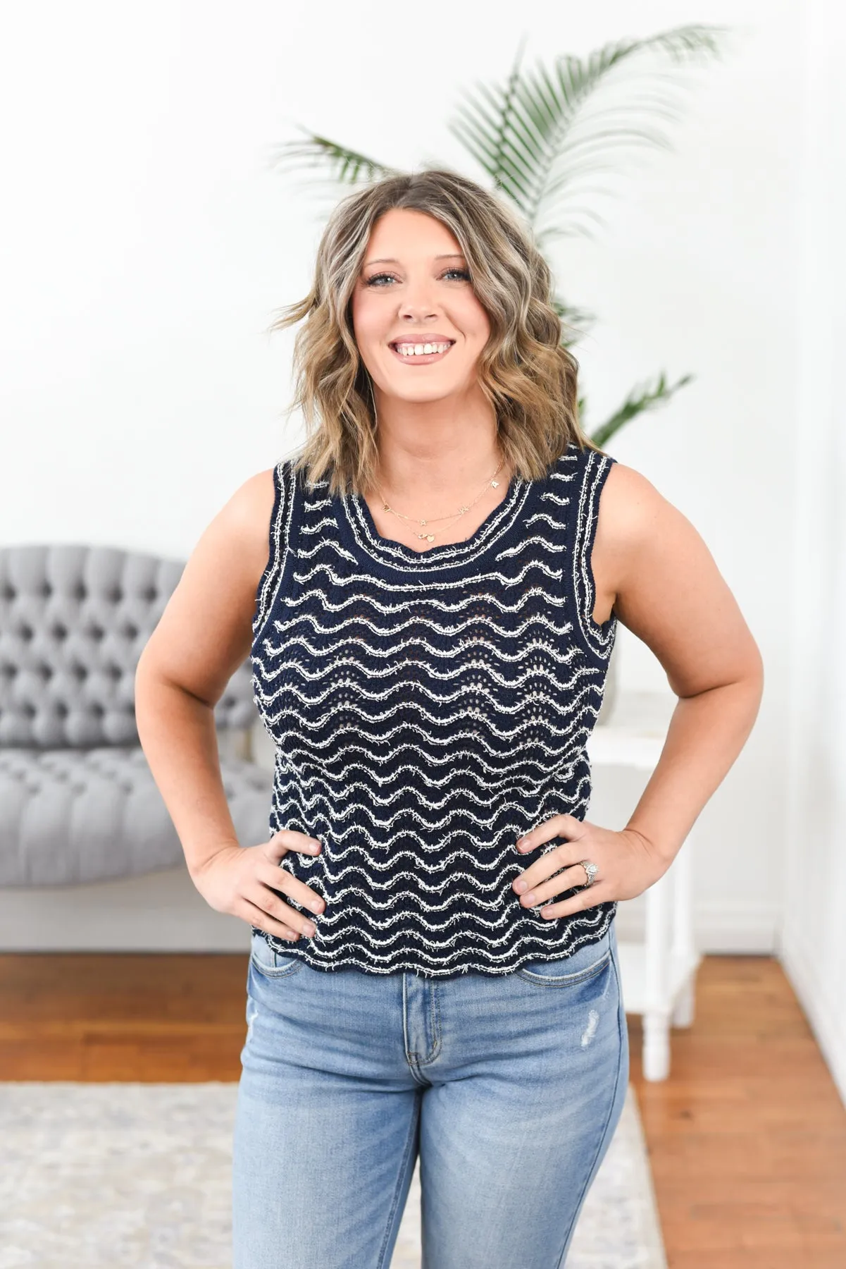 Lydia Wavy Sleeveless Knit Sweater