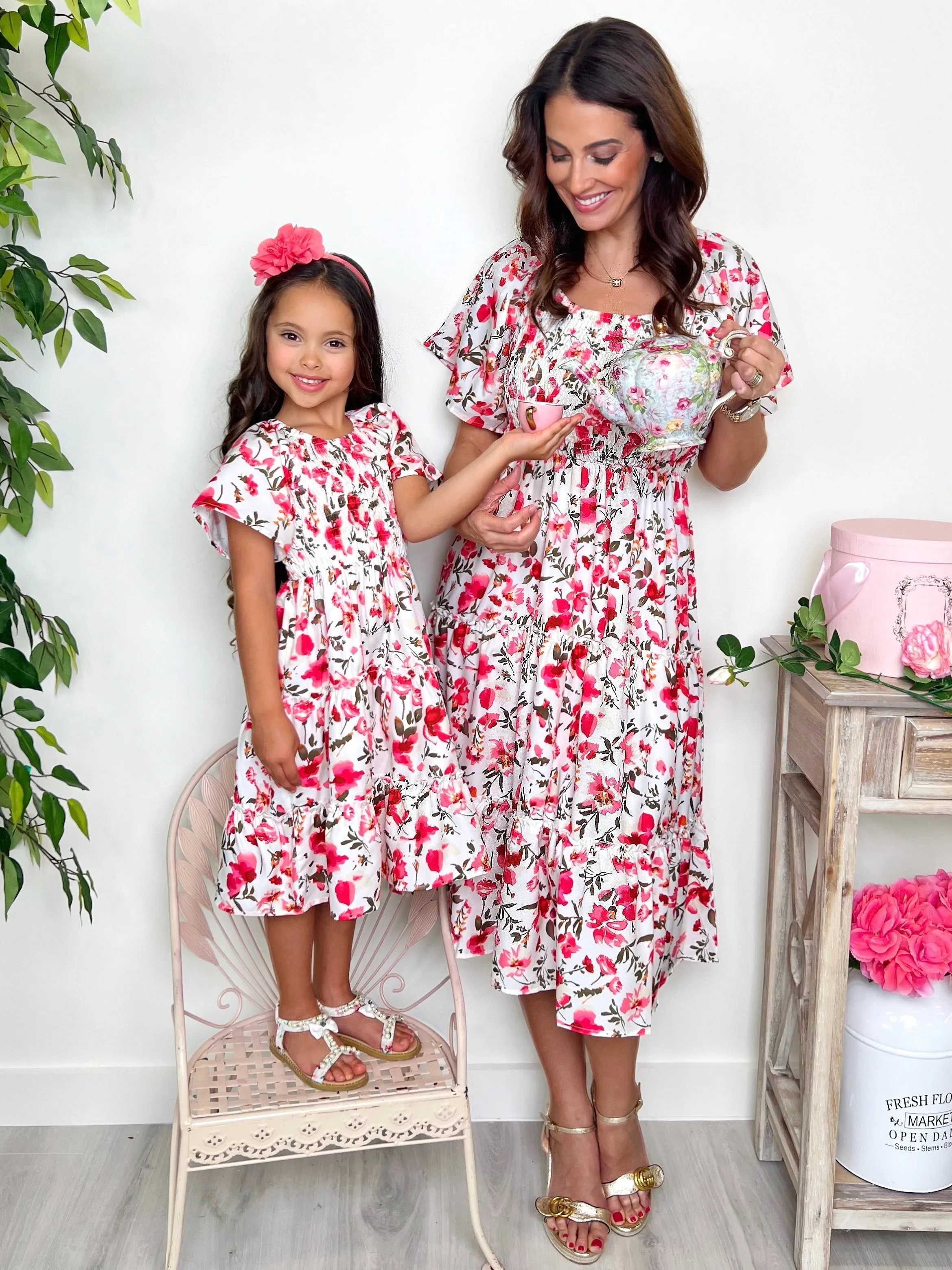 Mommy and Me Red Floral Smocked Dress