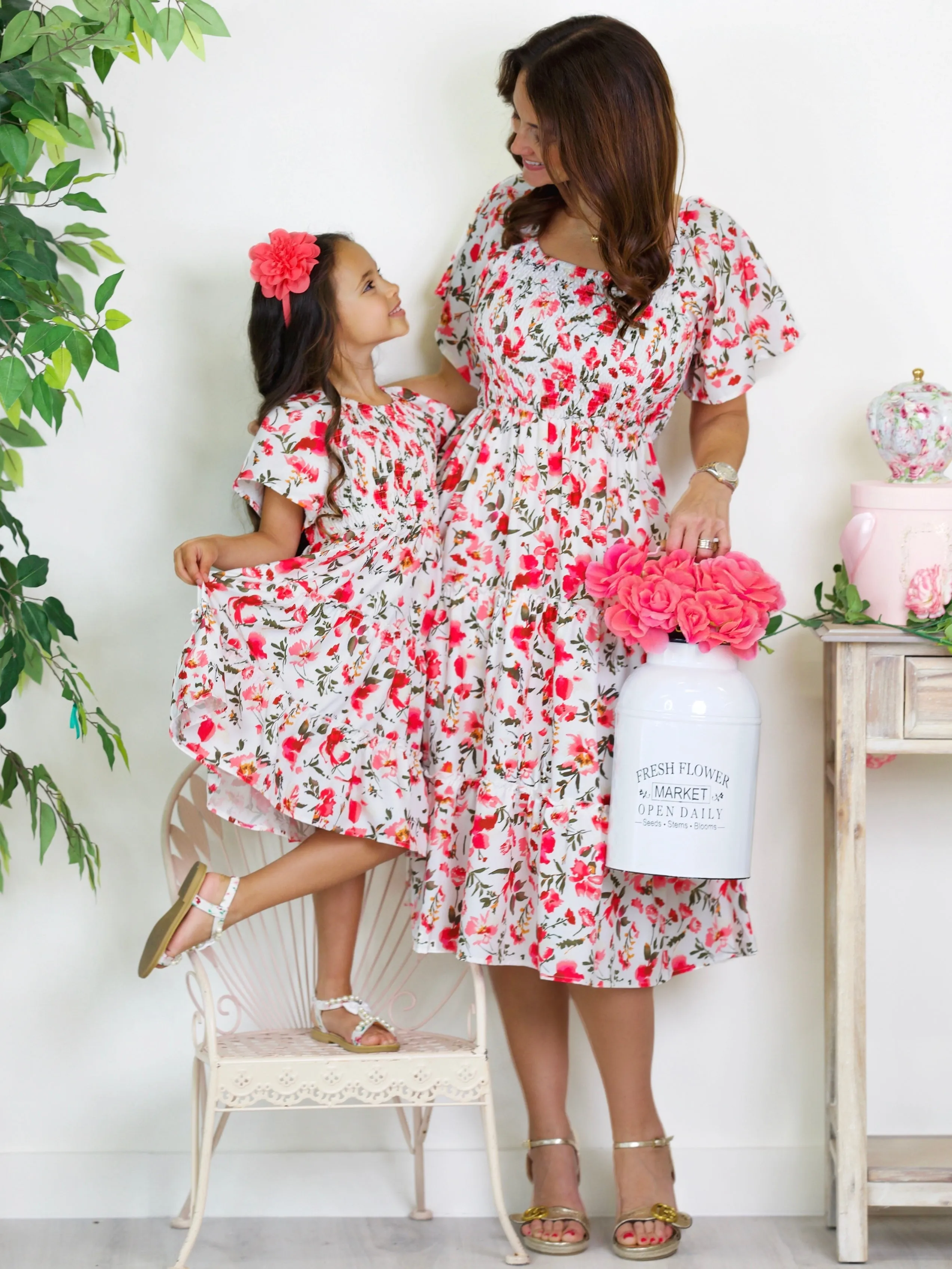Mommy and Me Red Floral Smocked Dress