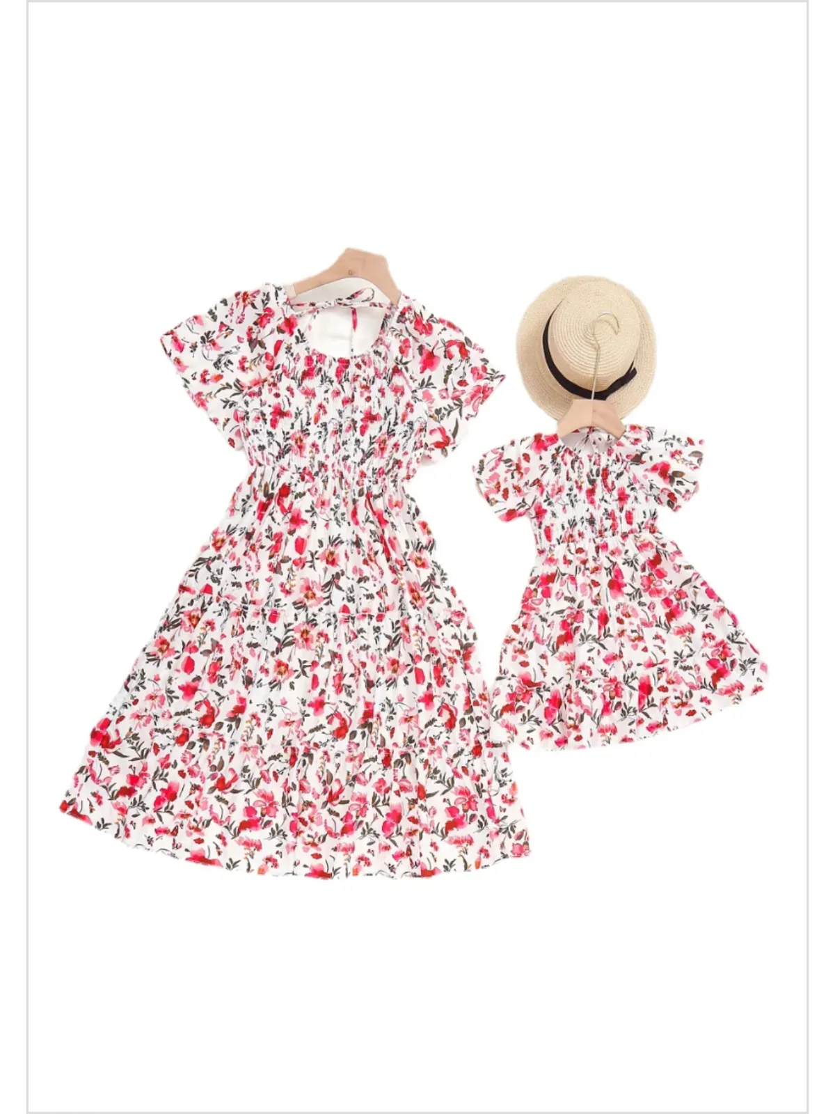 Mommy and Me Red Floral Smocked Dress