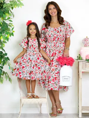 Mommy and Me Red Floral Smocked Dress