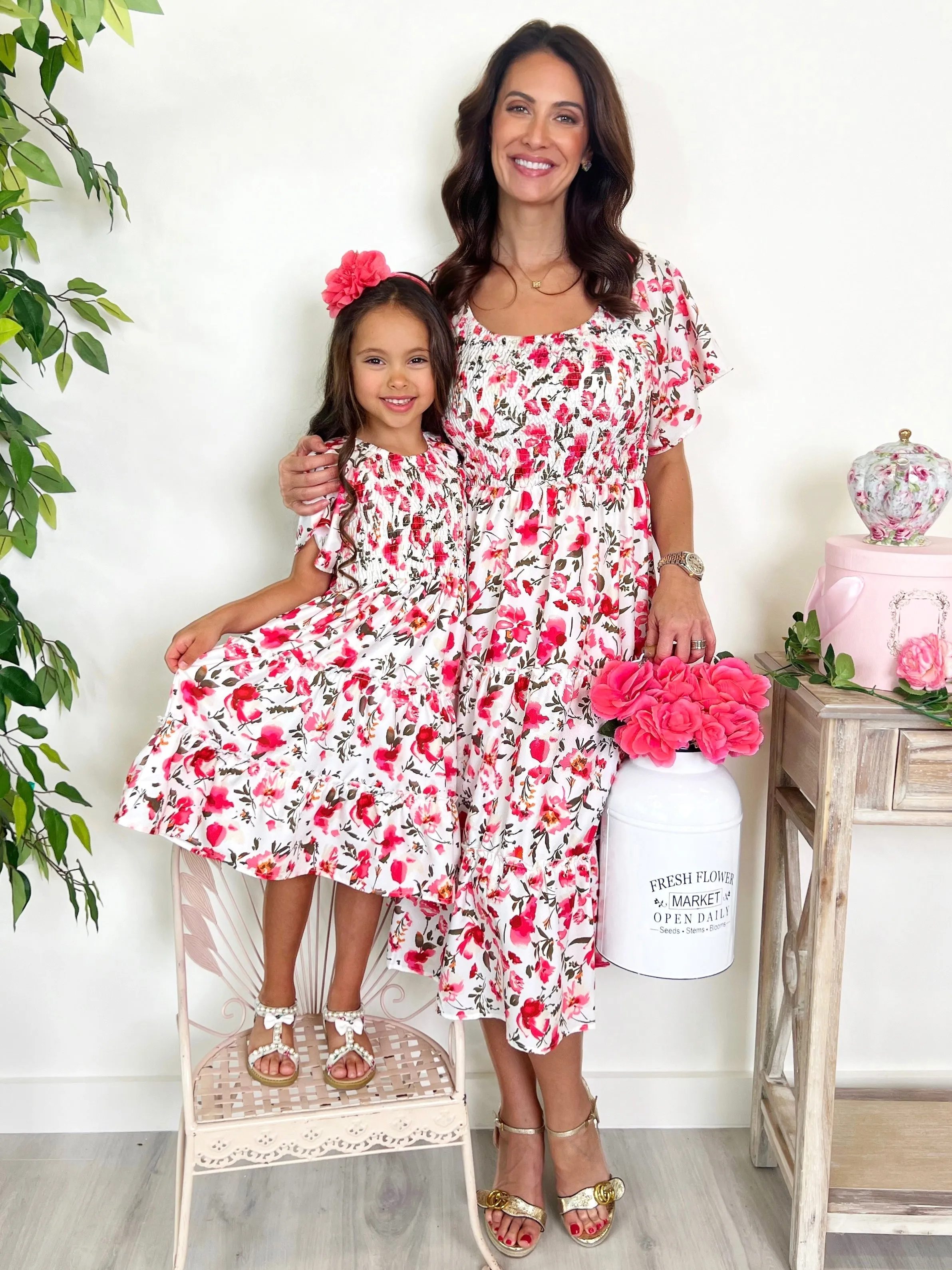 Mommy and Me Red Floral Smocked Dress