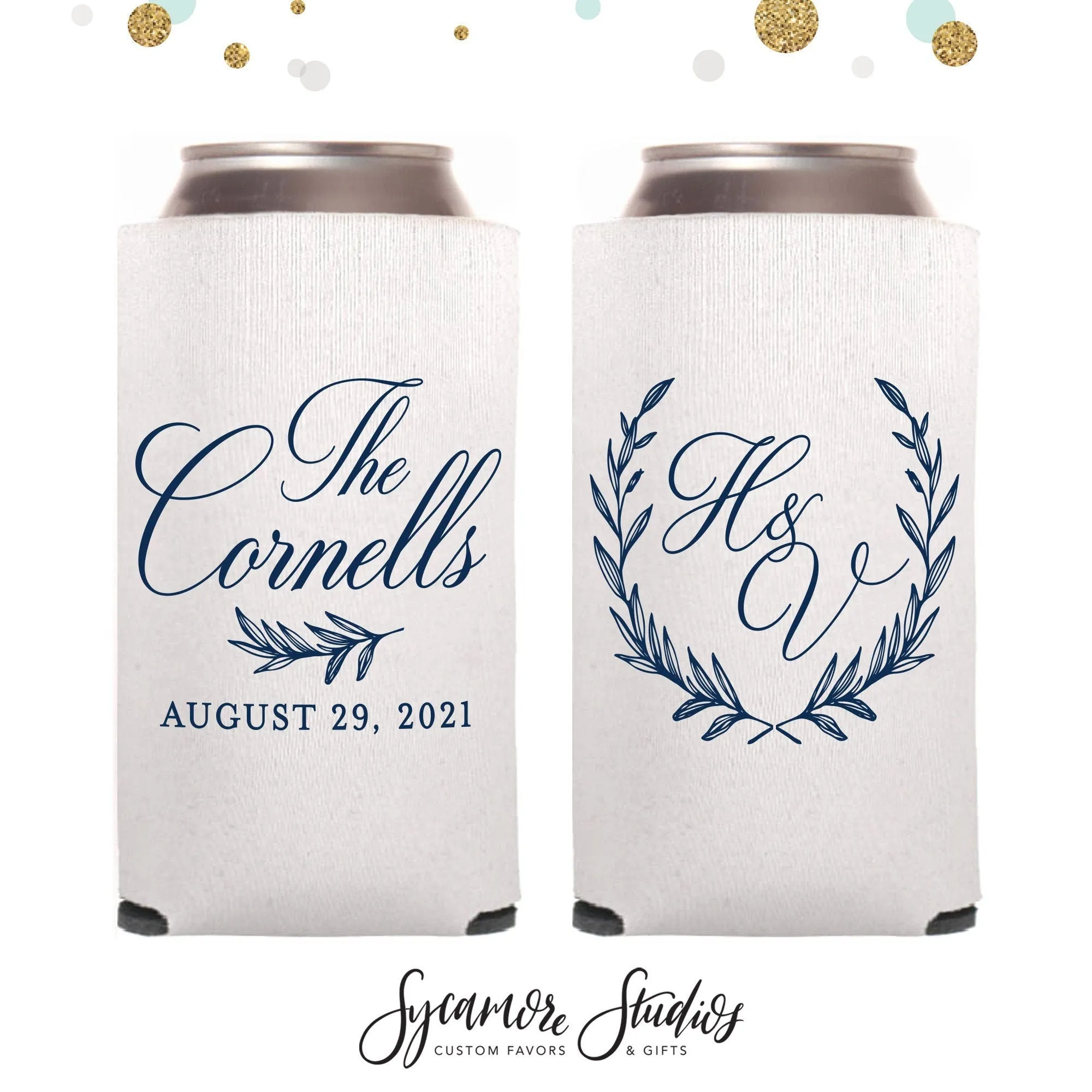 Monogram Wreath - Slim 12oz Wedding Can Cooler #108S