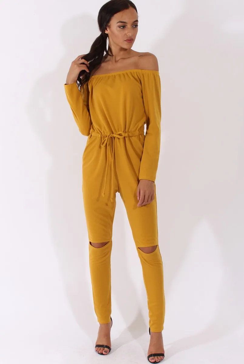 Mustard Bardot Split Knee Jumpsuit - Coran