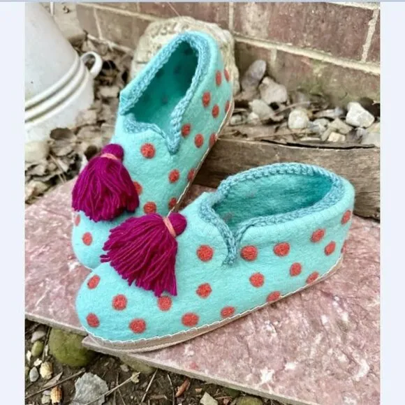 New Anthropologie Wool Slippers - French Knot - Polkadot &amp; Tassels Sz XL 10-11