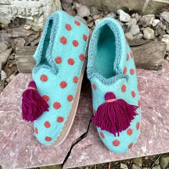 New Anthropologie Wool Slippers - French Knot - Polkadot &amp; Tassels Sz XL 10-11