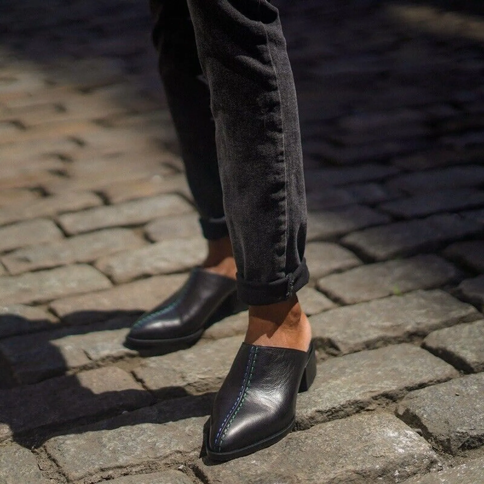 NWT Sylven Women's New York Black Cass Mule with Blue Stitching, Vegan Leather, Size 40
