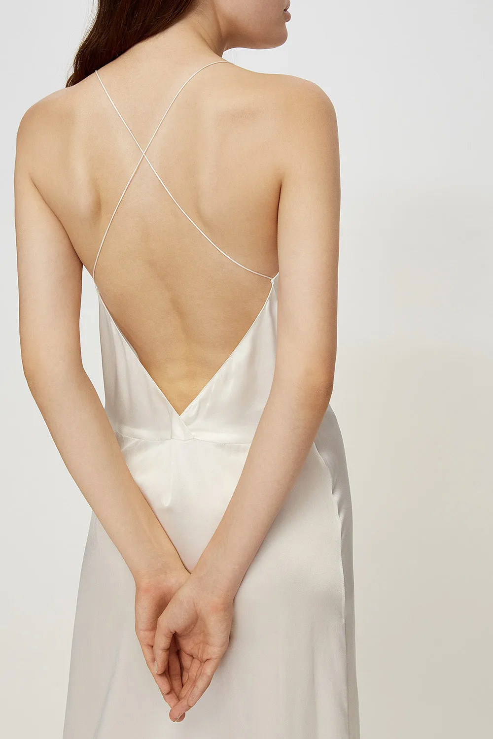Open-back slip silk dress in white