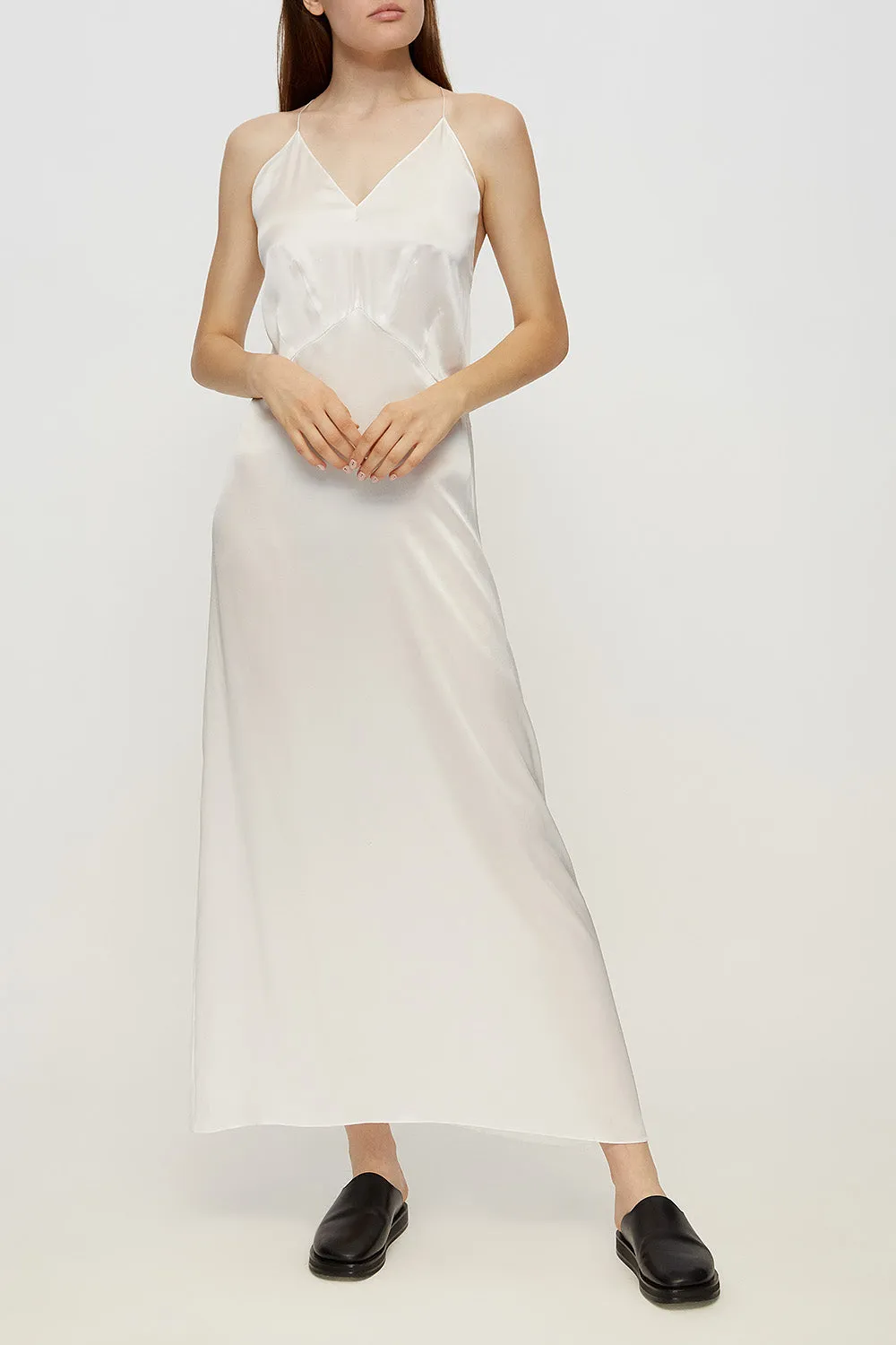Open-back slip silk dress in white