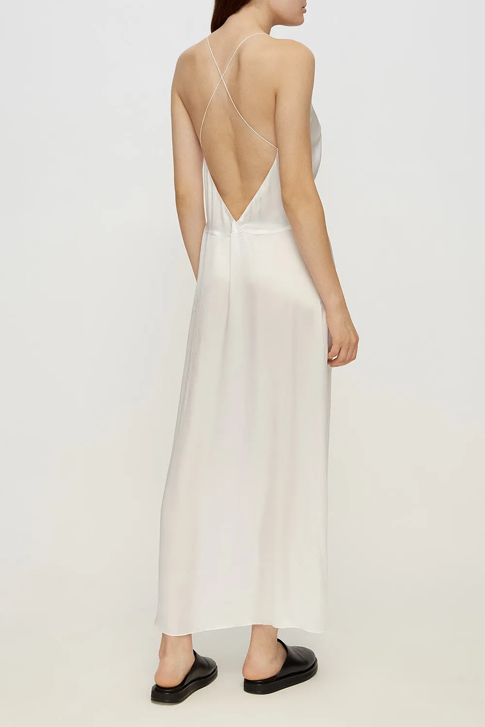 Open-back slip silk dress in white
