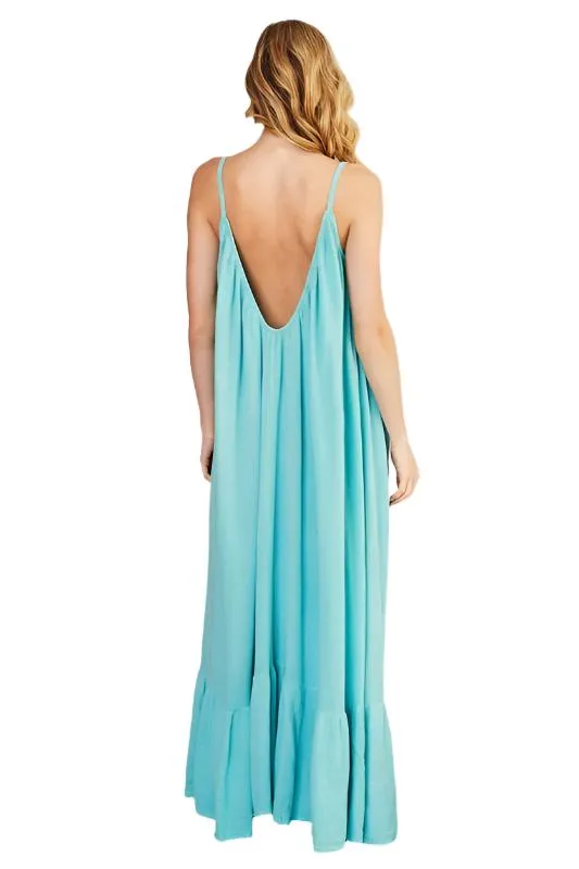 Open Woven Elastic Neckline Ruffle Maxi Dress