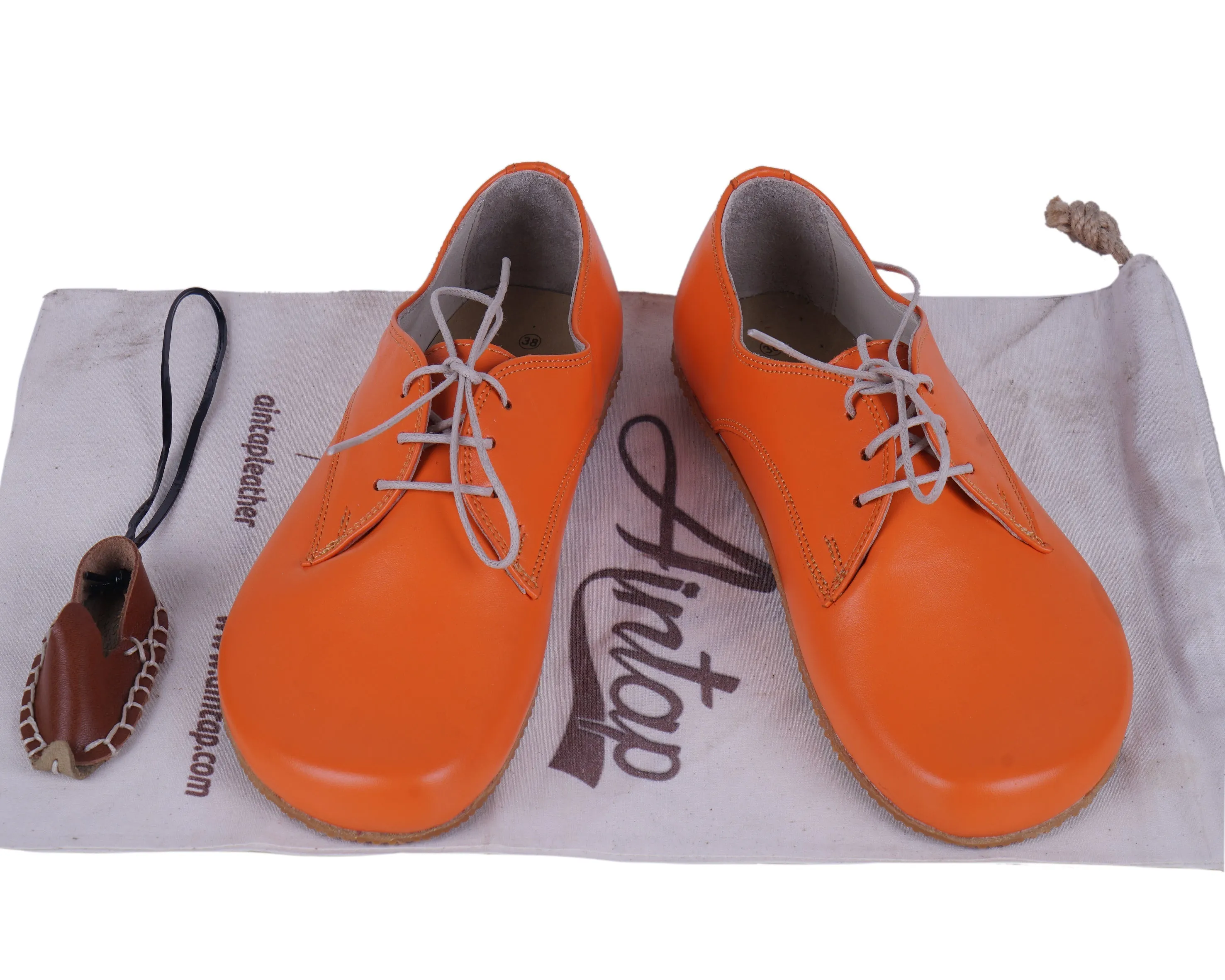 Orange Oxford Wide Barefoot Shoes Smooth Leather Handmade 4mm Rubber Outsole