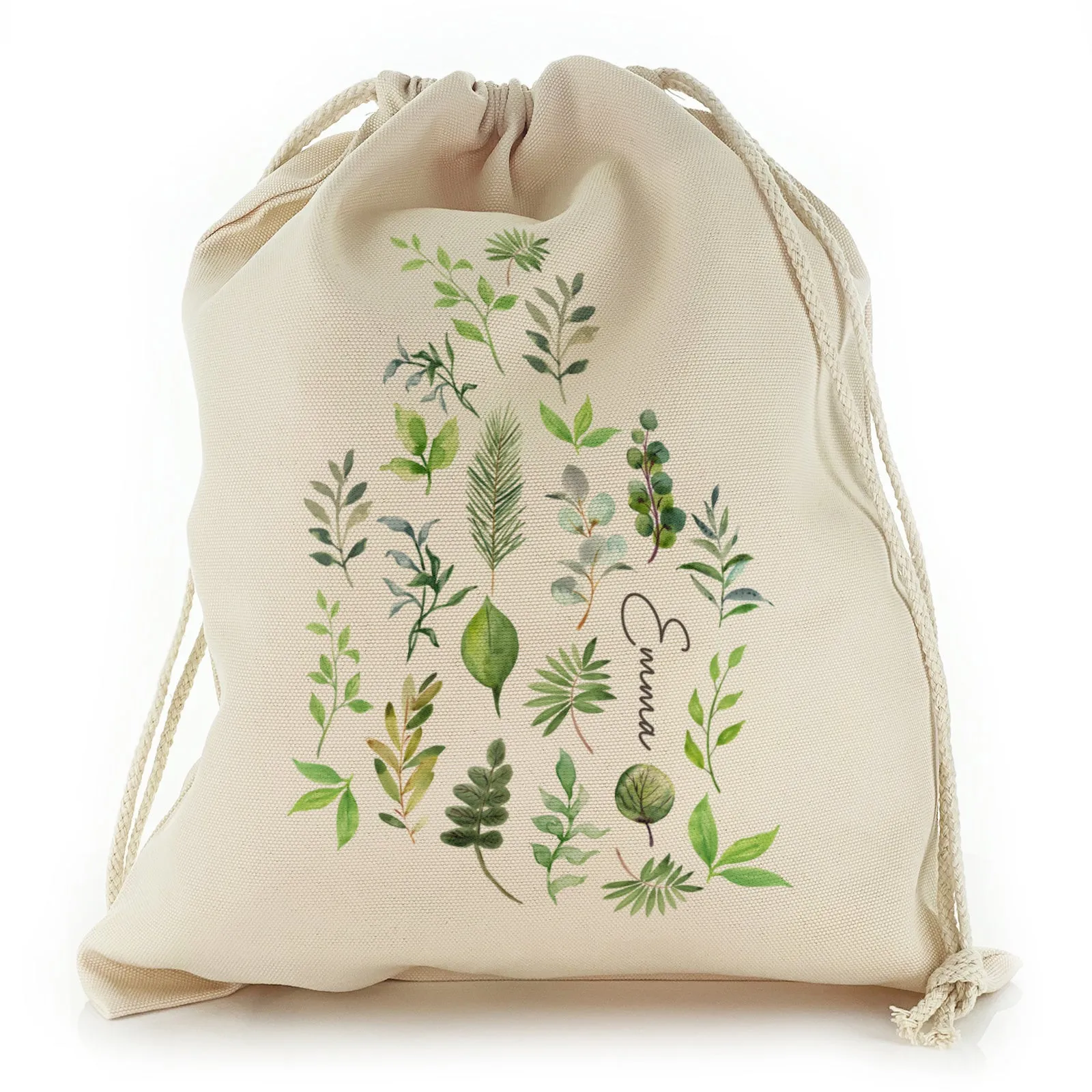 Personalised Canvas Sack with Stylish Text and Green Leaves Floral Print