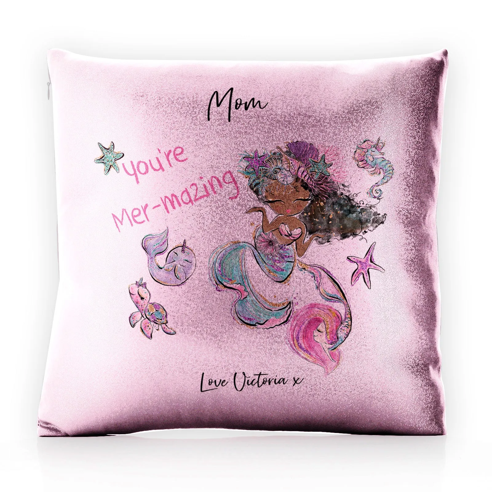 Personalised Glitter Cushion with Stylish Text and Mermaid Love Message