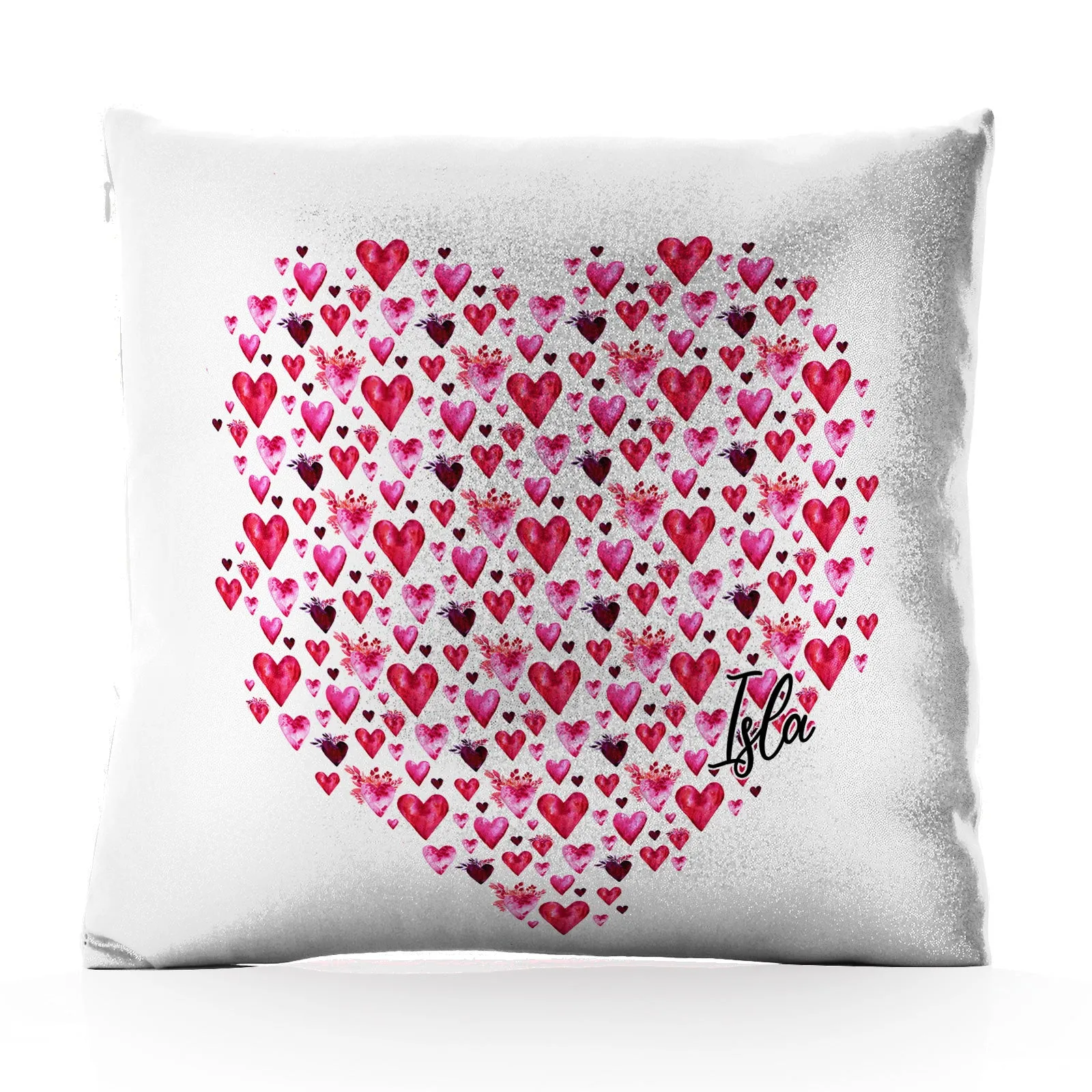 Personalised Glitter Cushion with Stylish Text and Valentine Hearts Print