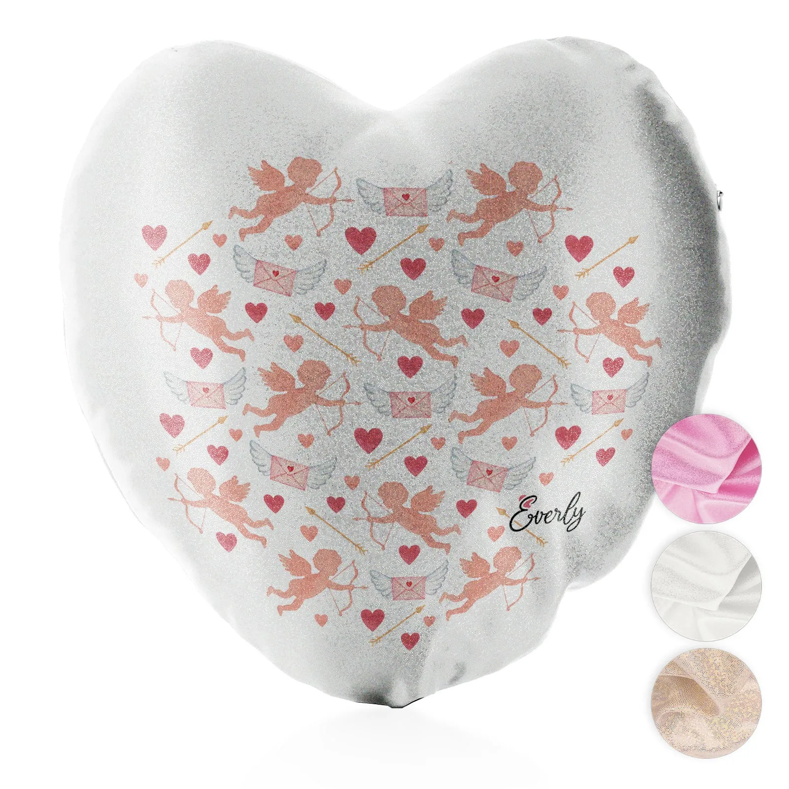 Personalised Glitter Heart Cushion with Stylish Text and Cupid Hearts Print