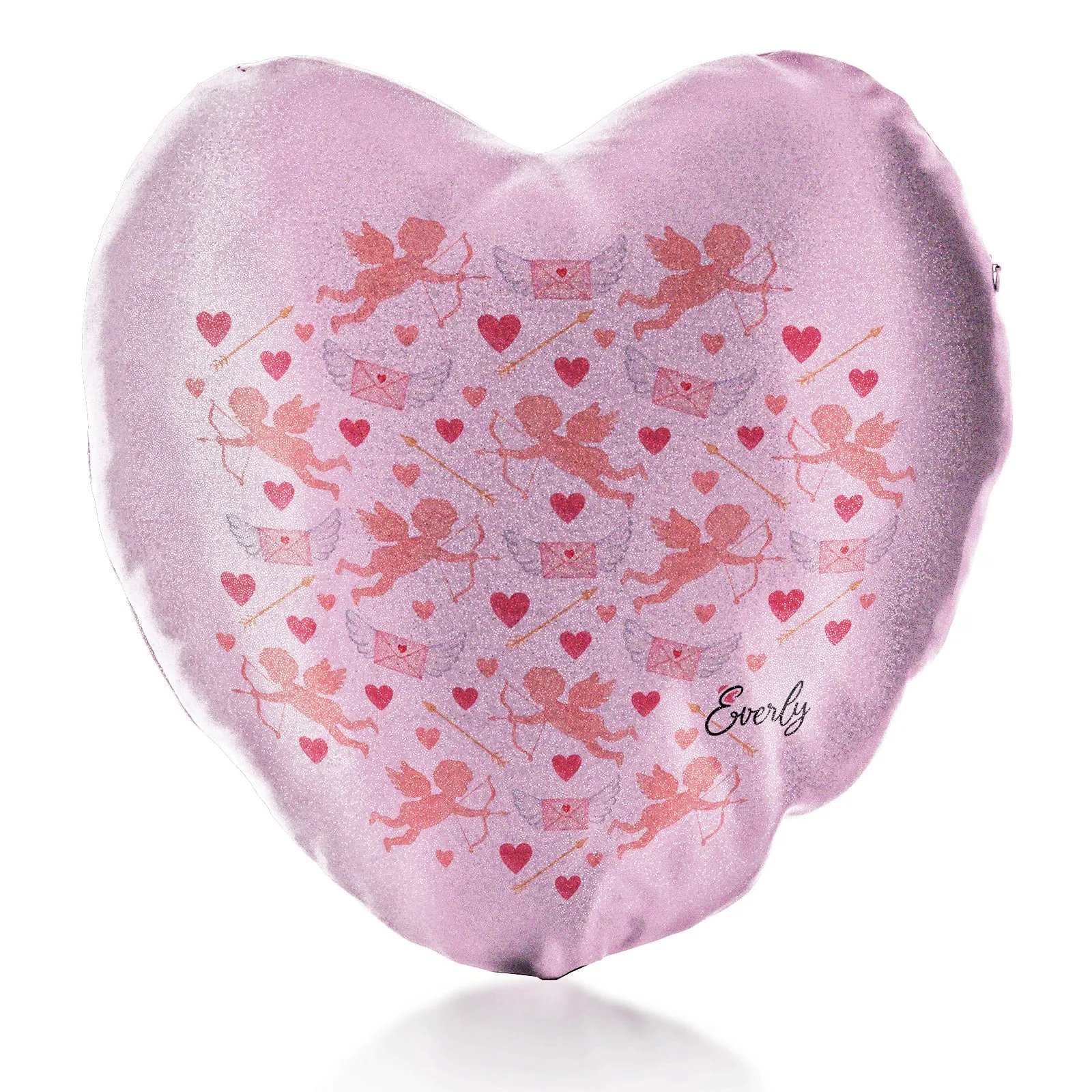Personalised Glitter Heart Cushion with Stylish Text and Cupid Hearts Print