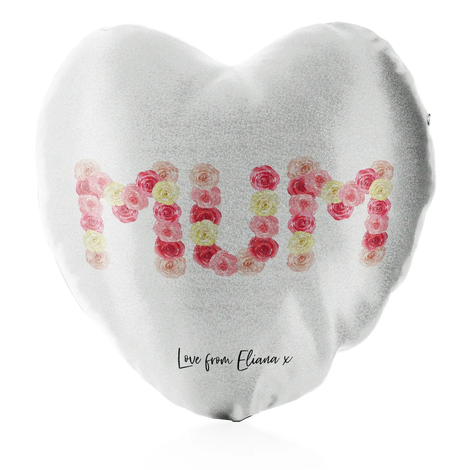 Personalised Glitter Heart Cushion with Stylish Text and Floral MUM