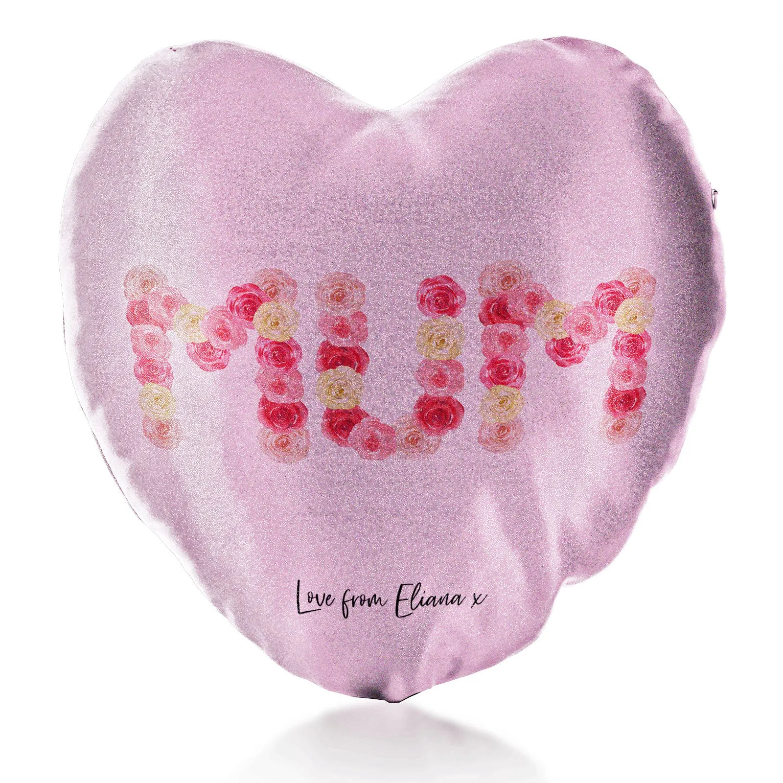 Personalised Glitter Heart Cushion with Stylish Text and Floral MUM
