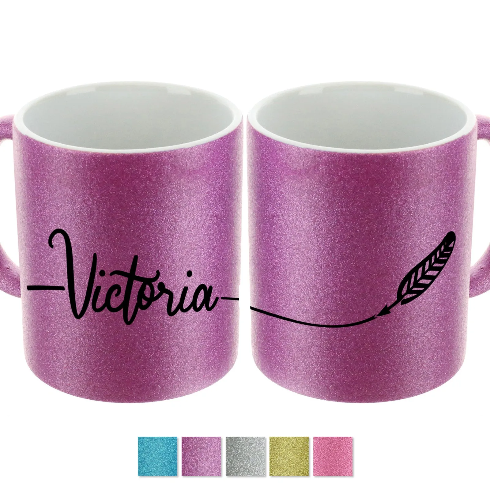 Personalised Glitter Mug with Stylish Name on Feather Line