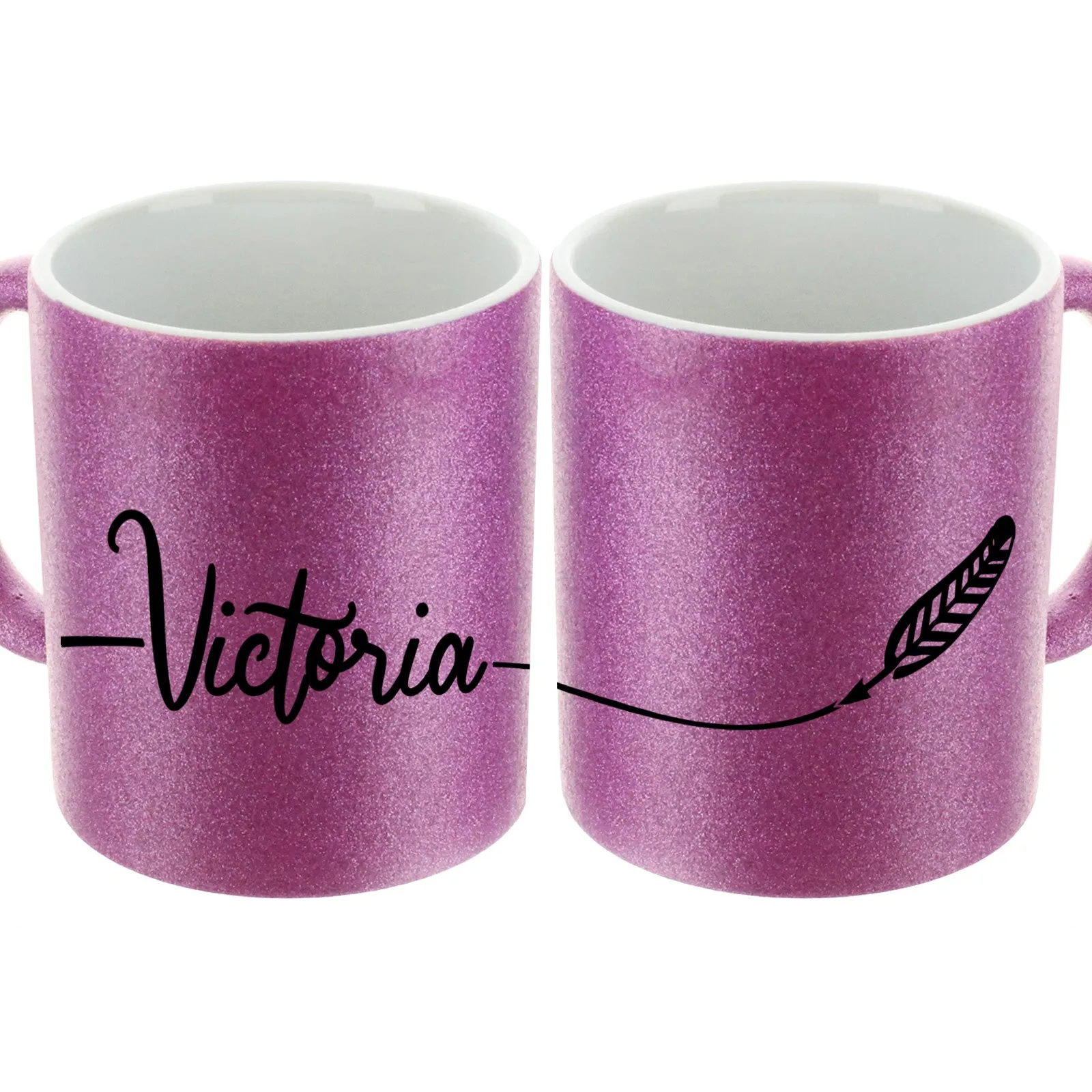 Personalised Glitter Mug with Stylish Name on Feather Line