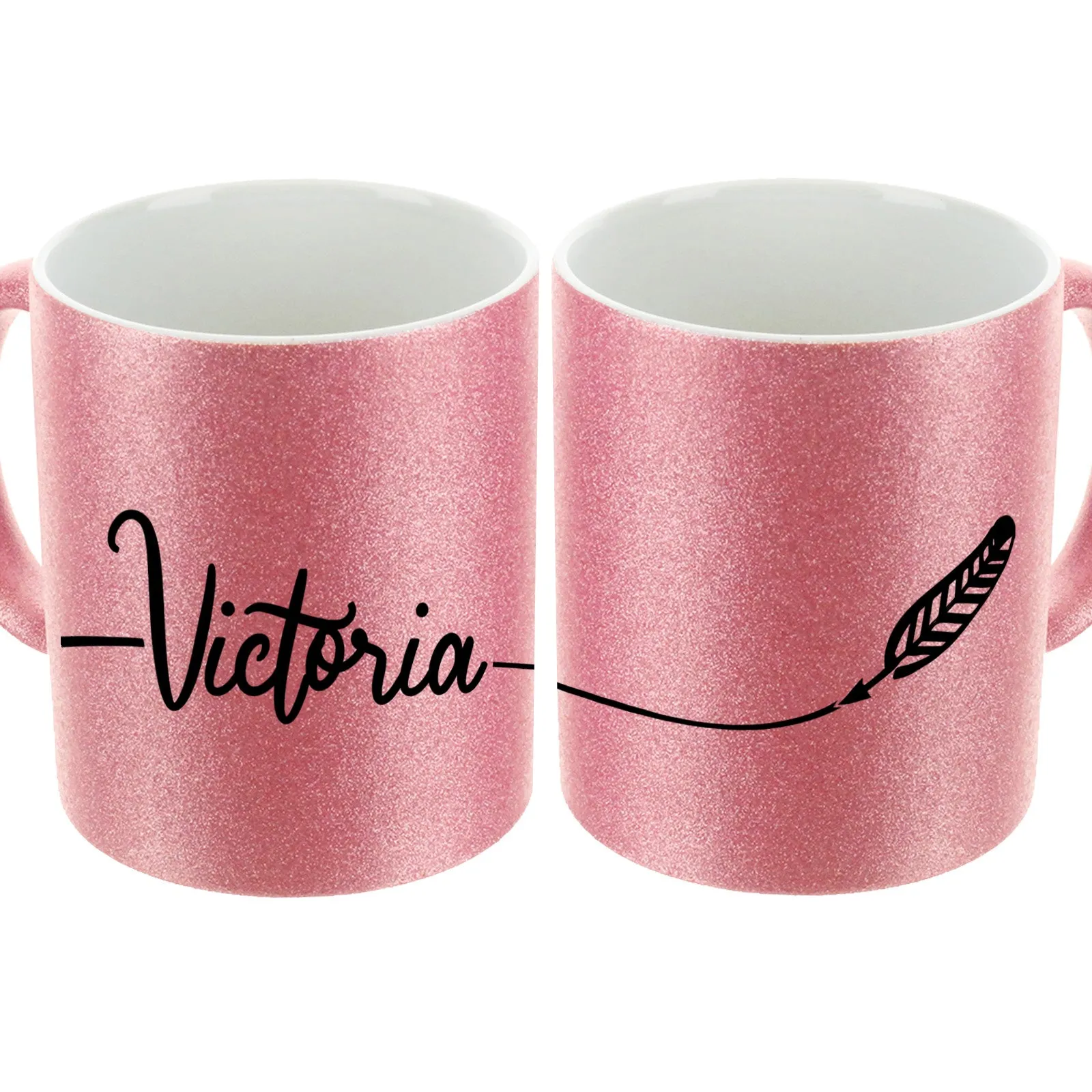Personalised Glitter Mug with Stylish Name on Feather Line