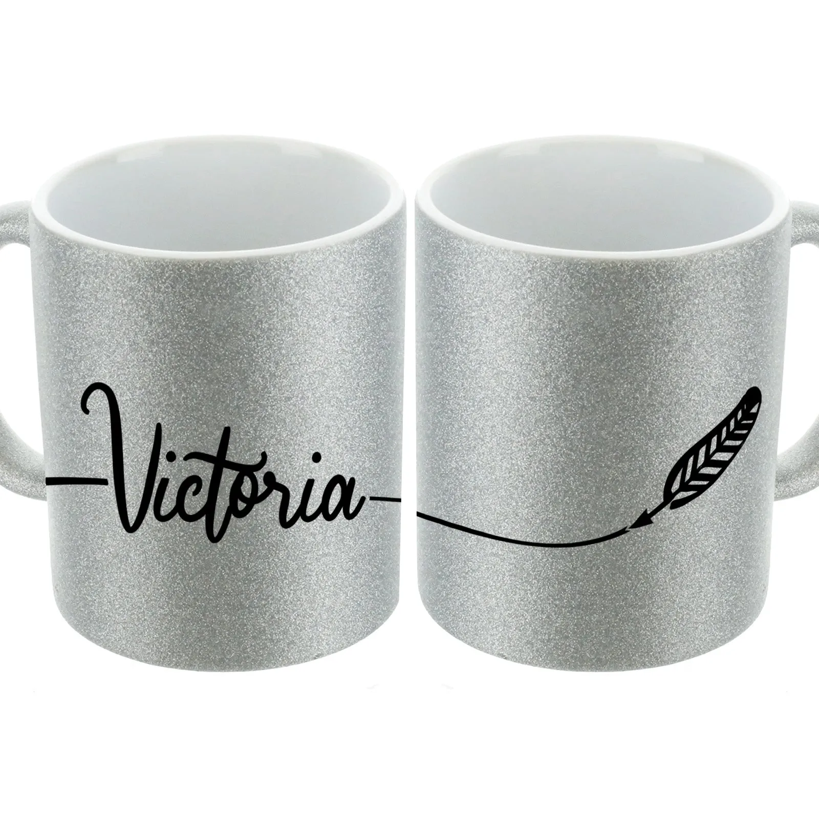 Personalised Glitter Mug with Stylish Name on Feather Line