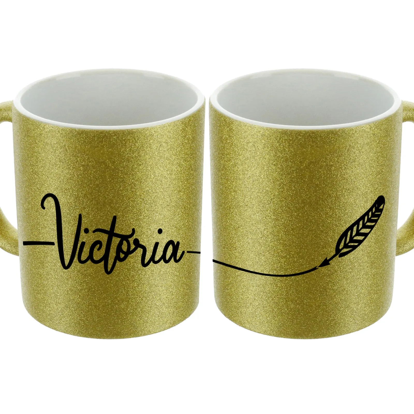 Personalised Glitter Mug with Stylish Name on Feather Line