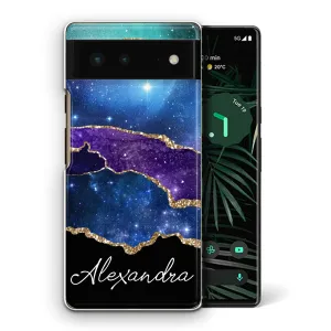 Personalised Google Phone Hard Case with Stylish Script Name on Blue & Gold Strip Marble