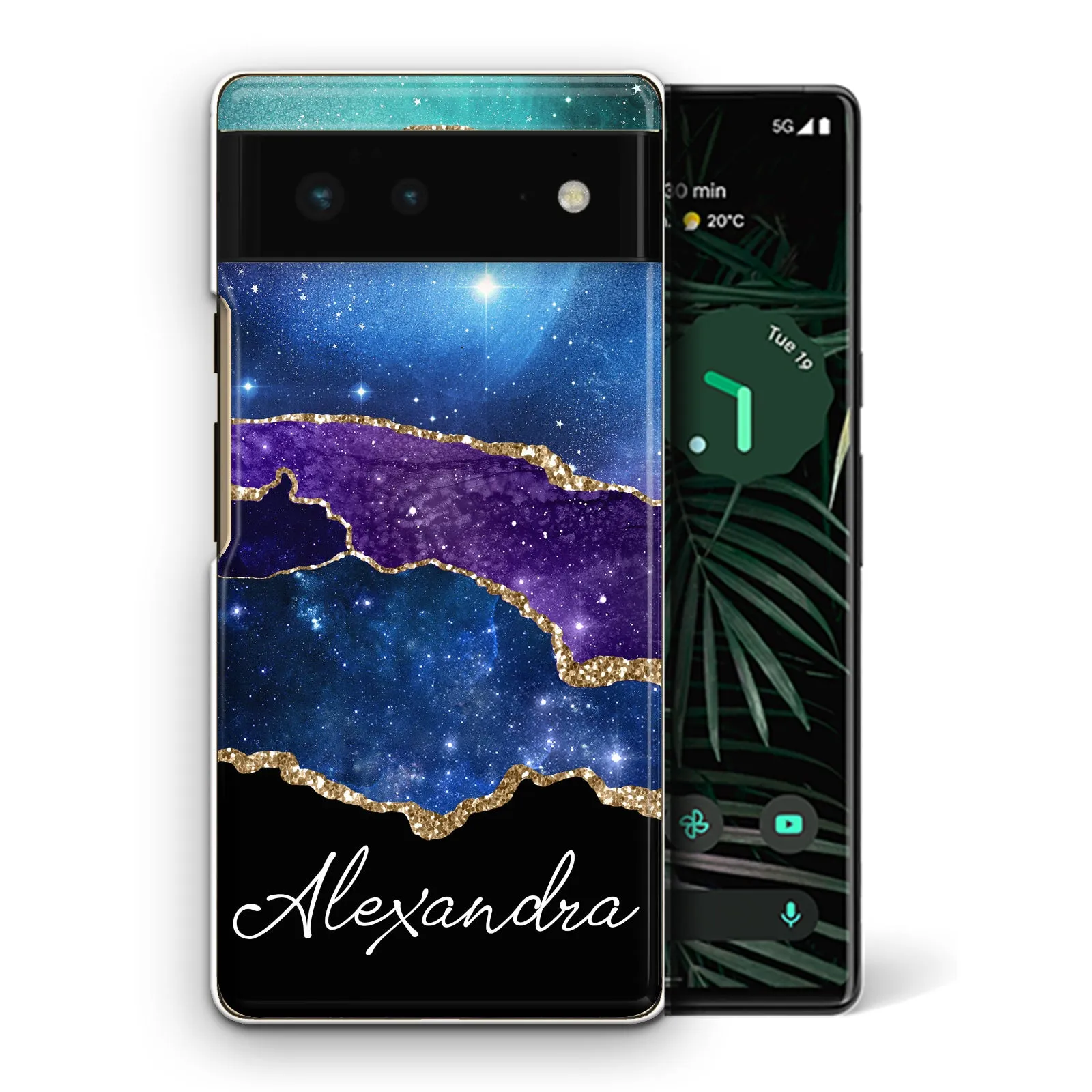 Personalised Google Phone Hard Case with Stylish Script Name on Blue & Gold Strip Marble