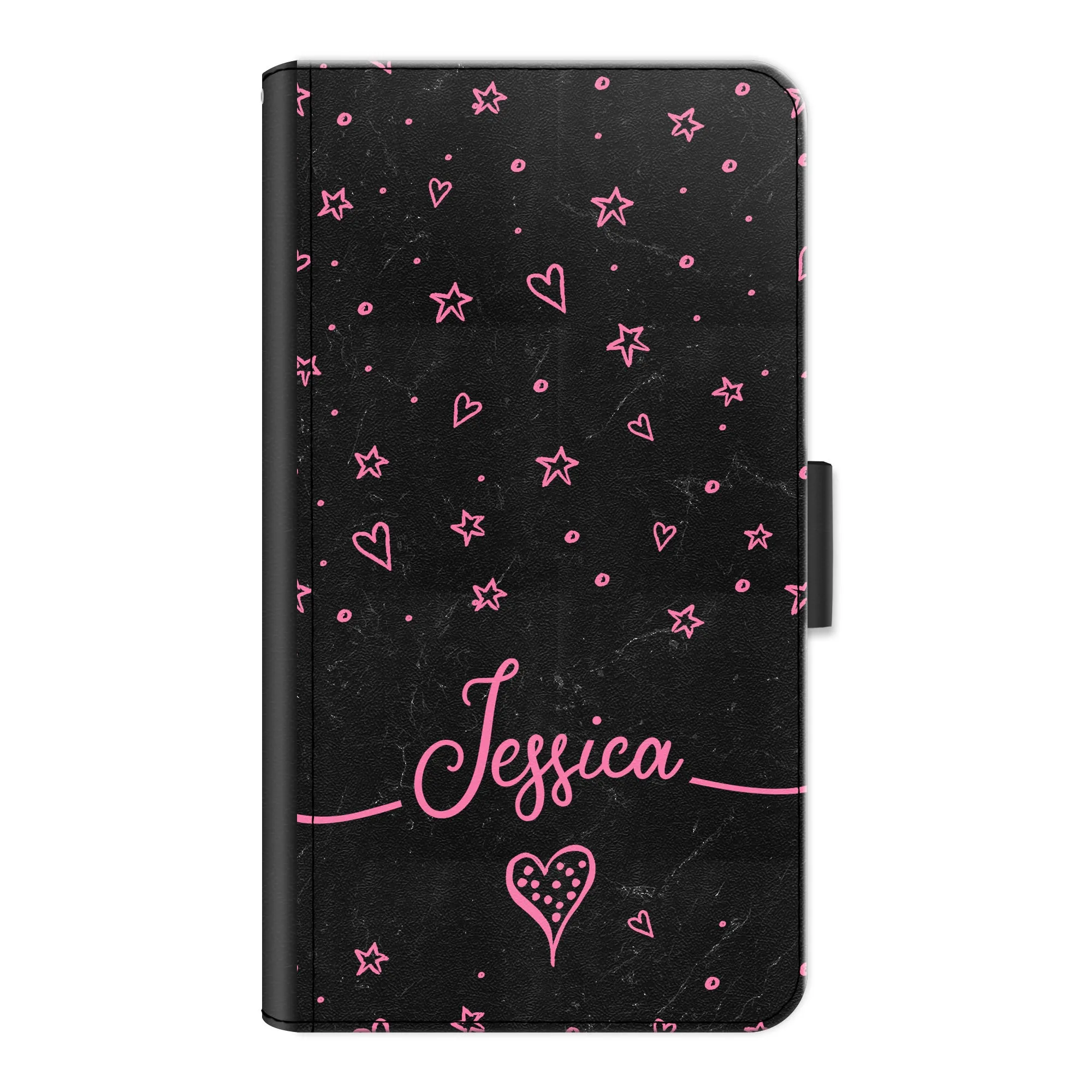 Personalised Motorola Phone Leather Wallet with Pink Stylish text, Stars and Hearts on Black Marble