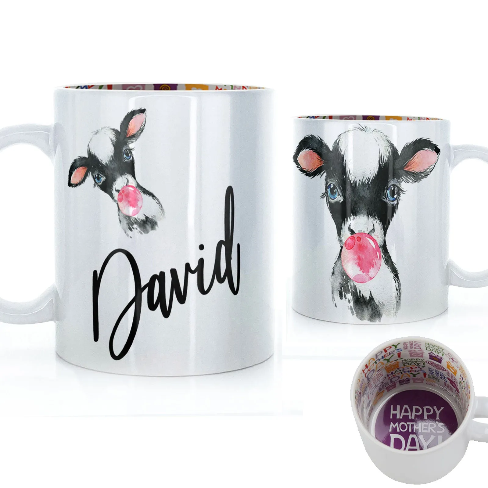Personalised Mug with Stylish Text and Bubble Gum Cow