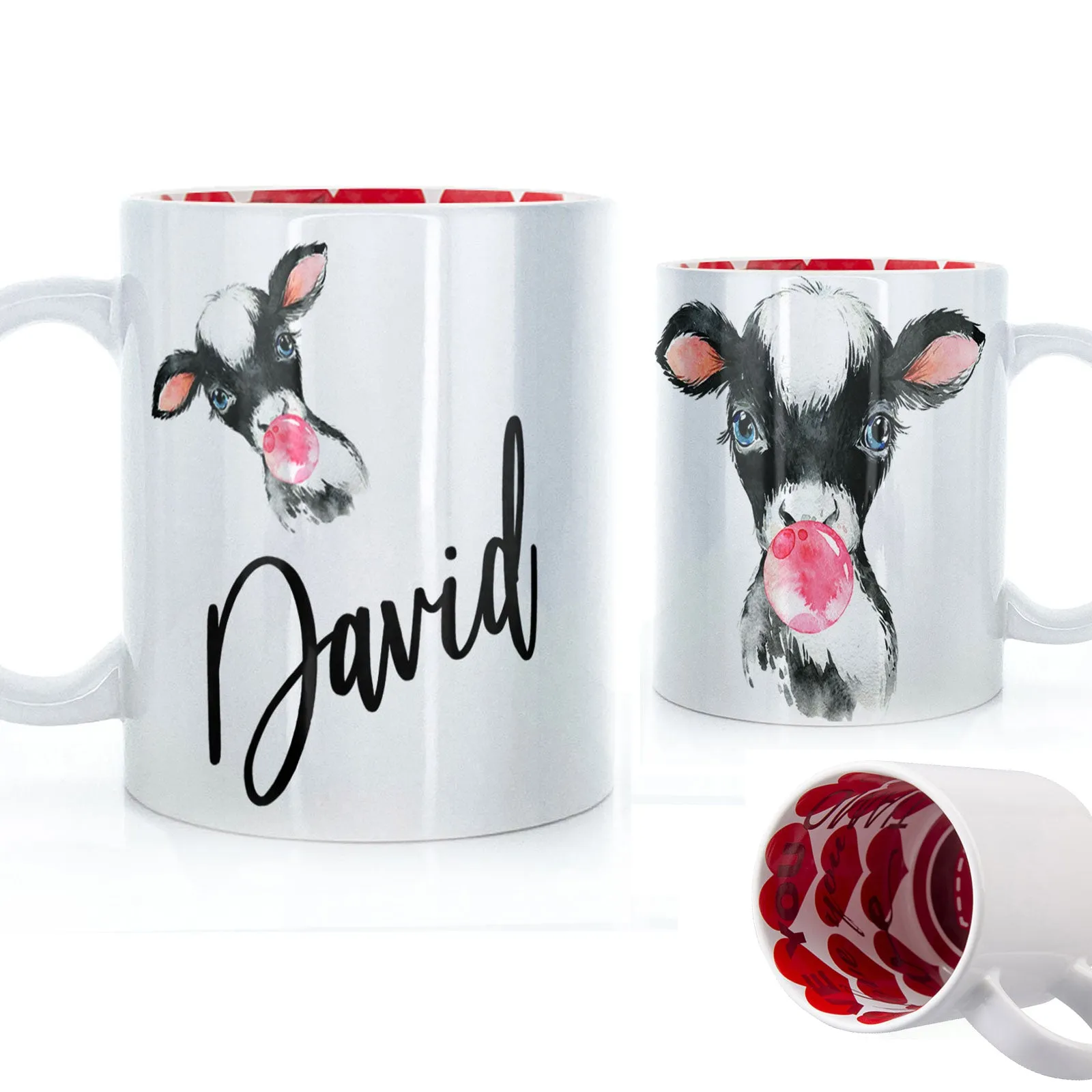Personalised Mug with Stylish Text and Bubble Gum Cow