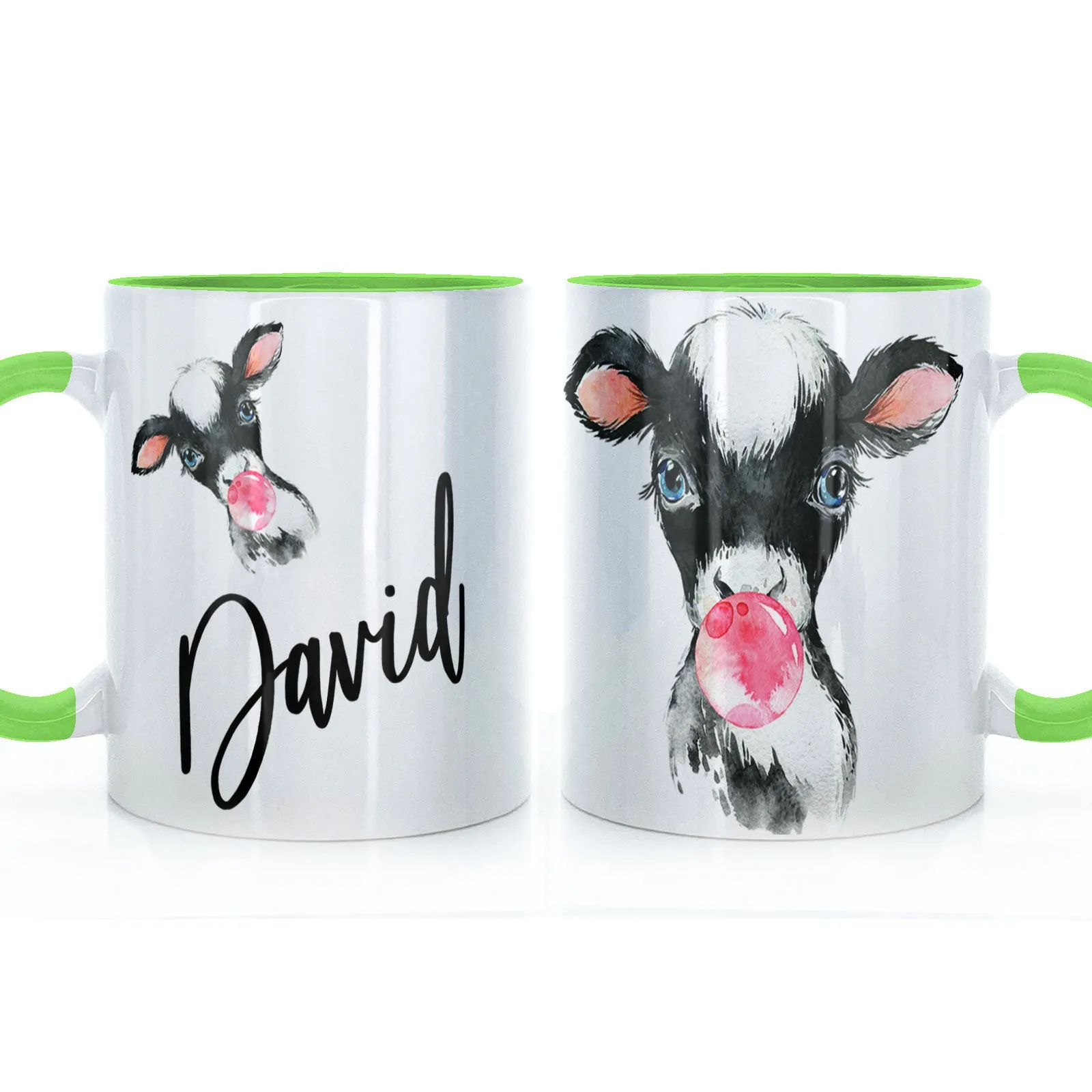 Personalised Mug with Stylish Text and Bubble Gum Cow