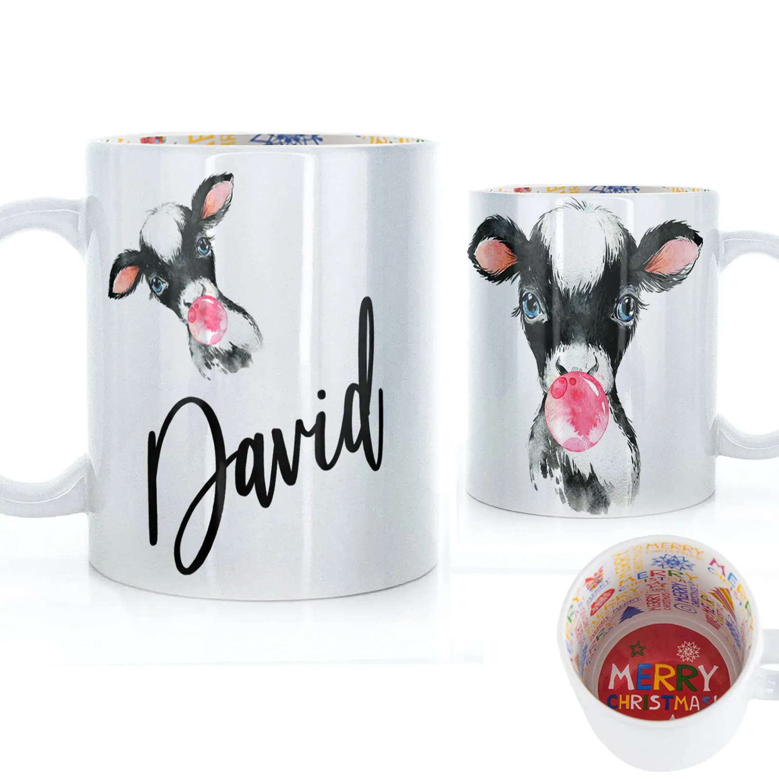 Personalised Mug with Stylish Text and Bubble Gum Cow