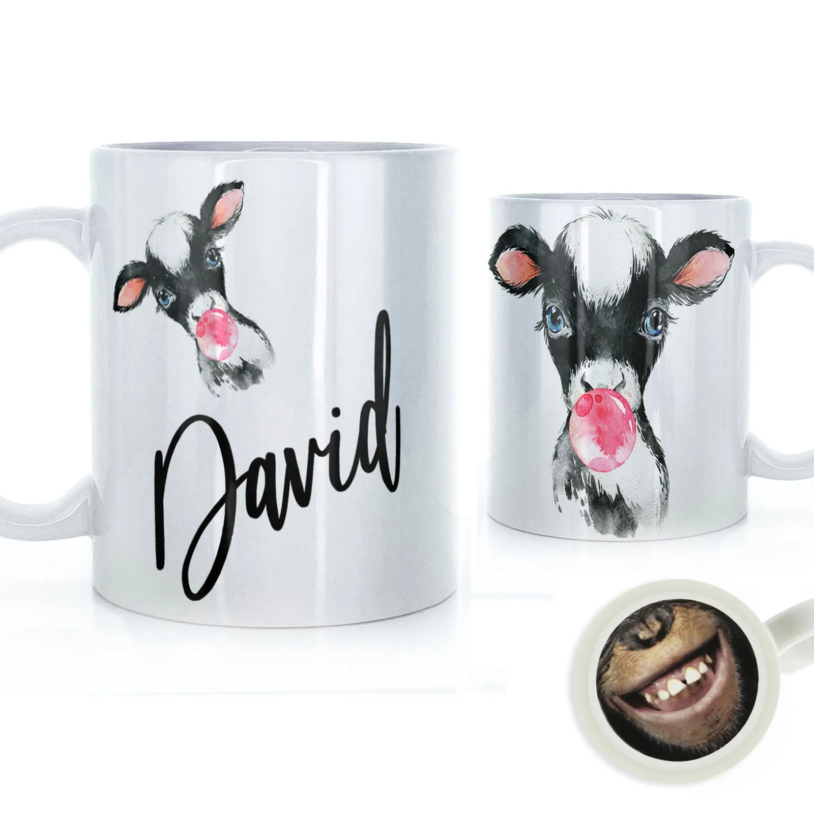 Personalised Mug with Stylish Text and Bubble Gum Cow