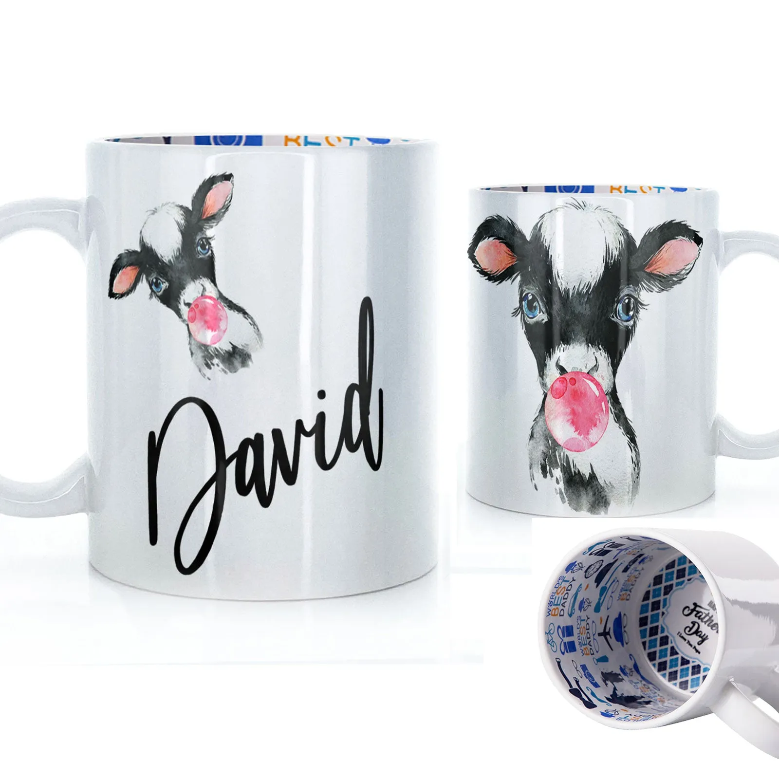 Personalised Mug with Stylish Text and Bubble Gum Cow
