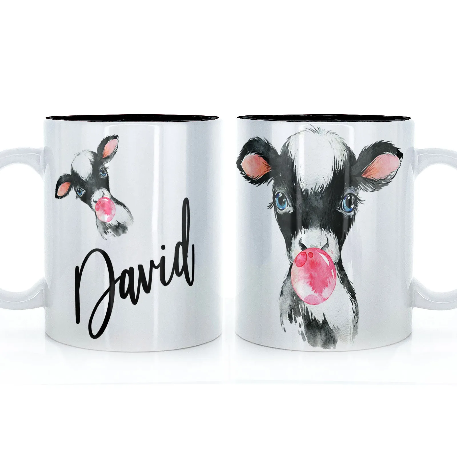 Personalised Mug with Stylish Text and Bubble Gum Cow