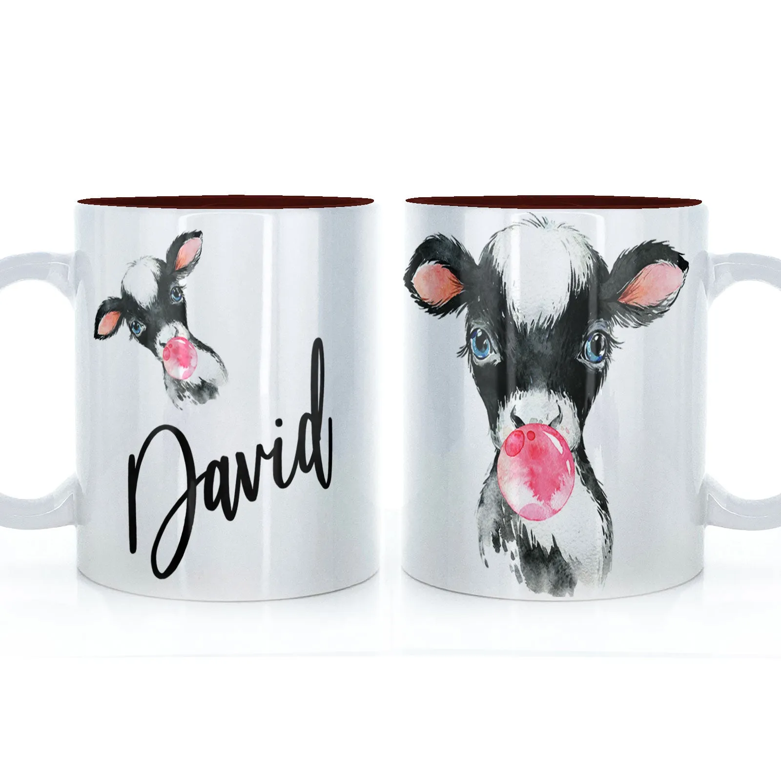 Personalised Mug with Stylish Text and Bubble Gum Cow