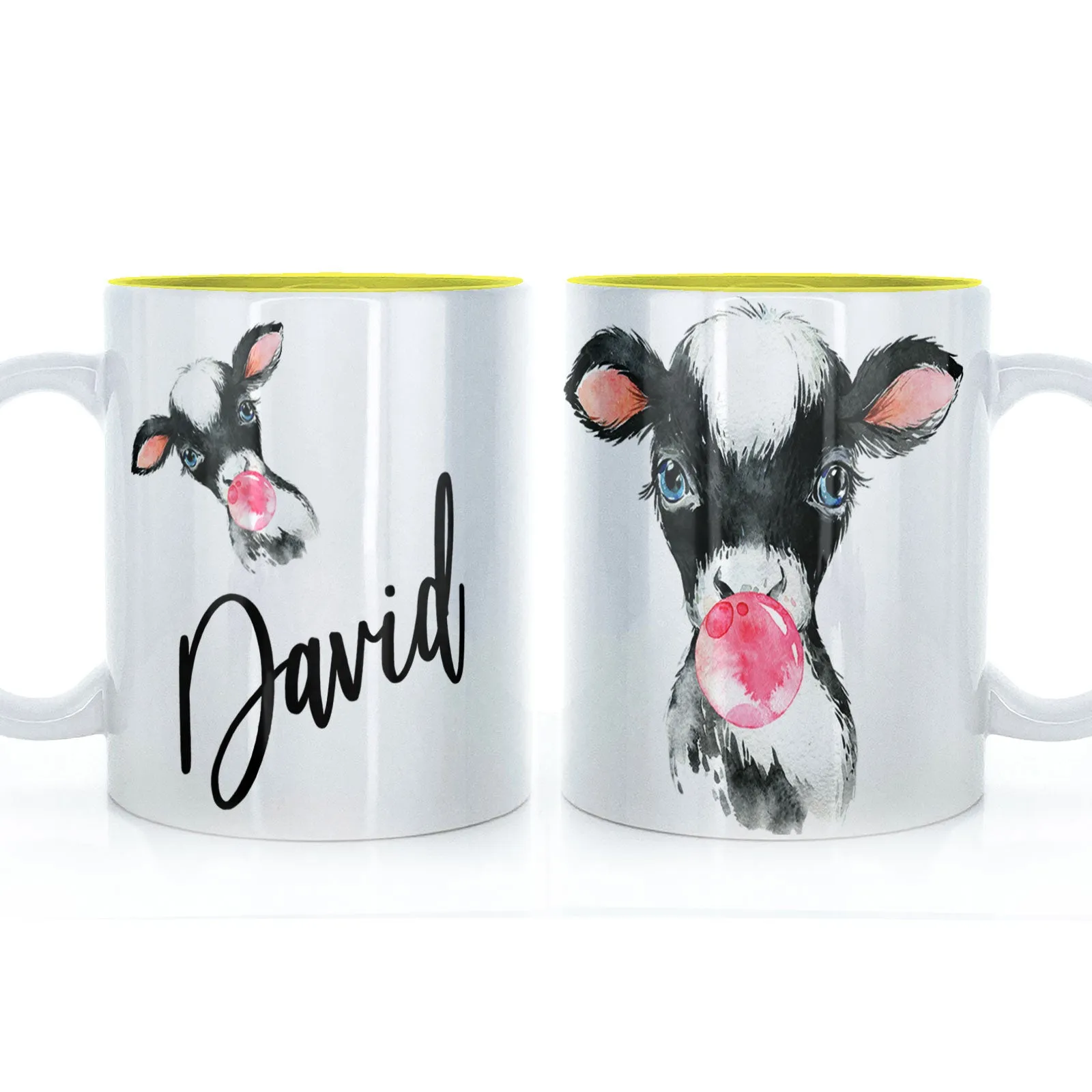 Personalised Mug with Stylish Text and Bubble Gum Cow