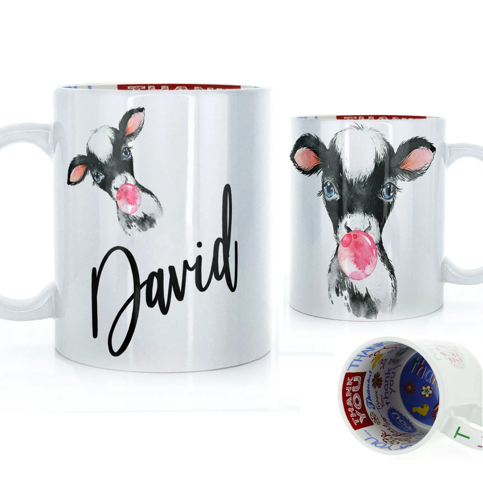 Personalised Mug with Stylish Text and Bubble Gum Cow