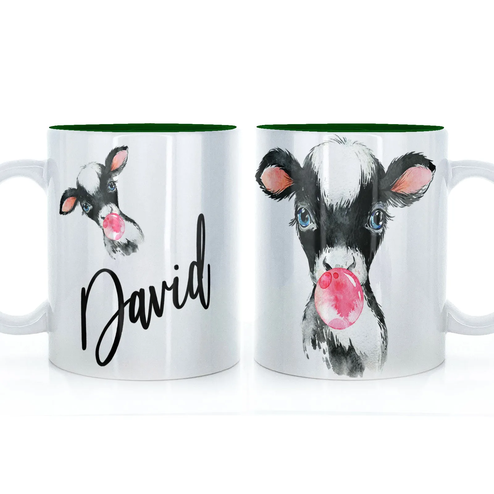 Personalised Mug with Stylish Text and Bubble Gum Cow