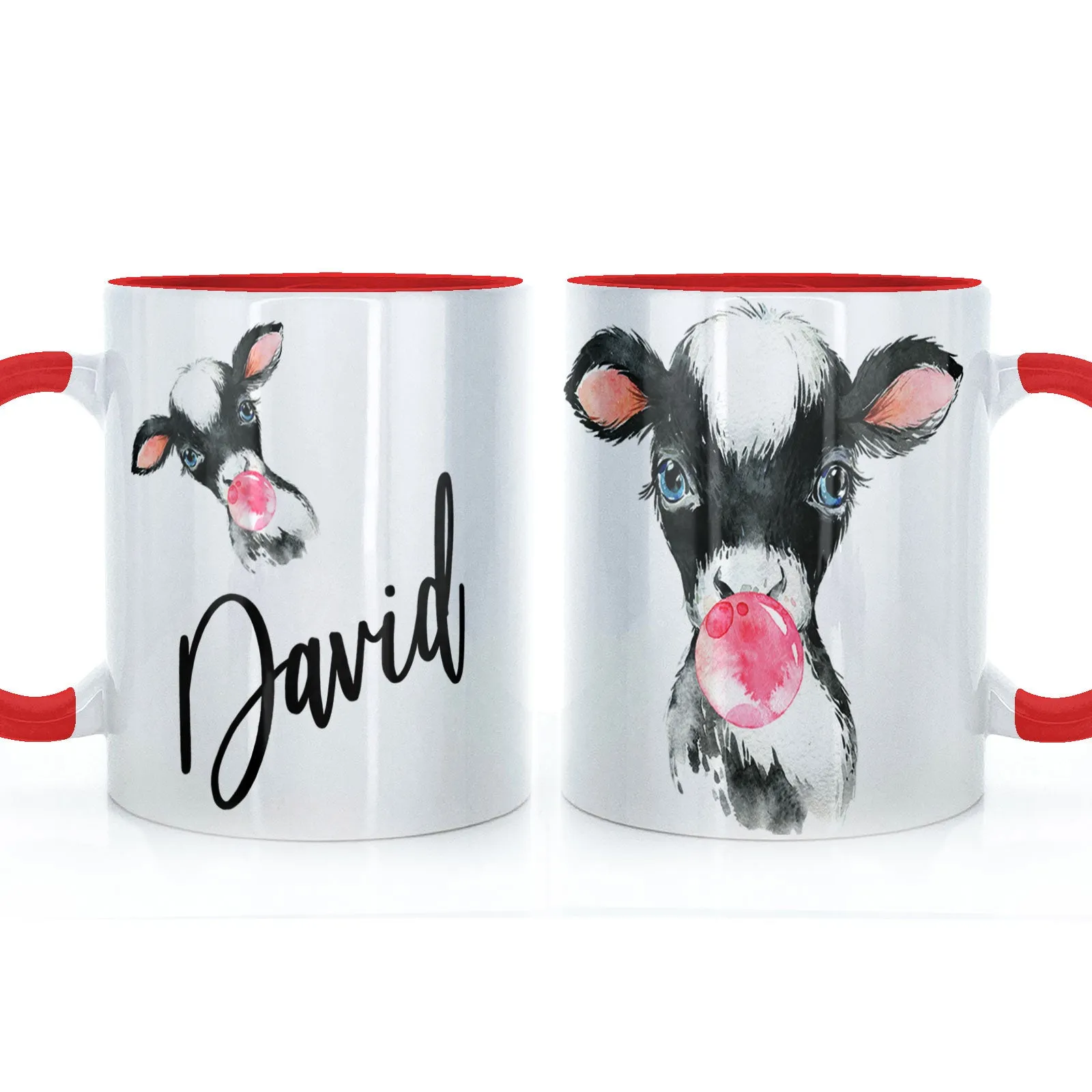 Personalised Mug with Stylish Text and Bubble Gum Cow