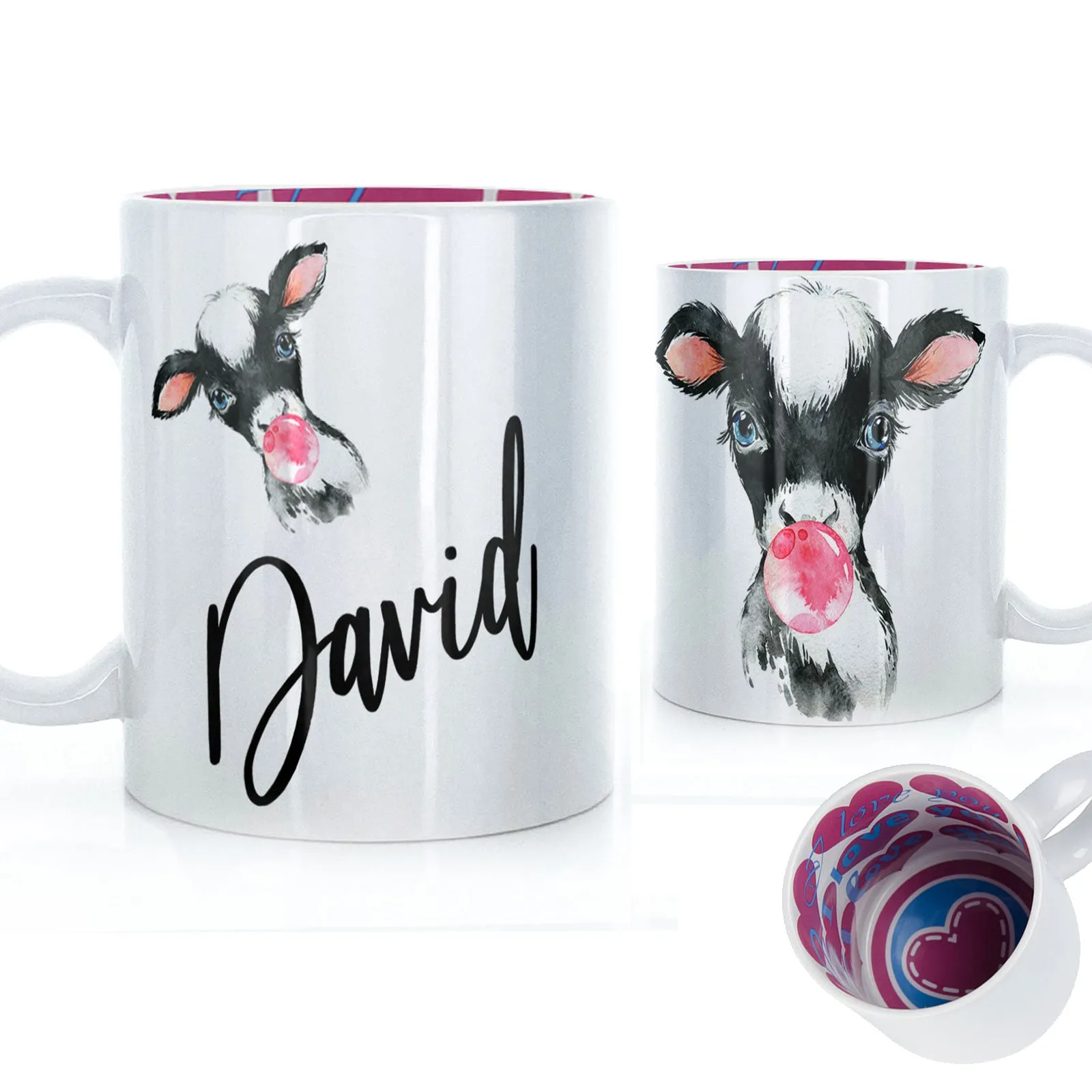 Personalised Mug with Stylish Text and Bubble Gum Cow