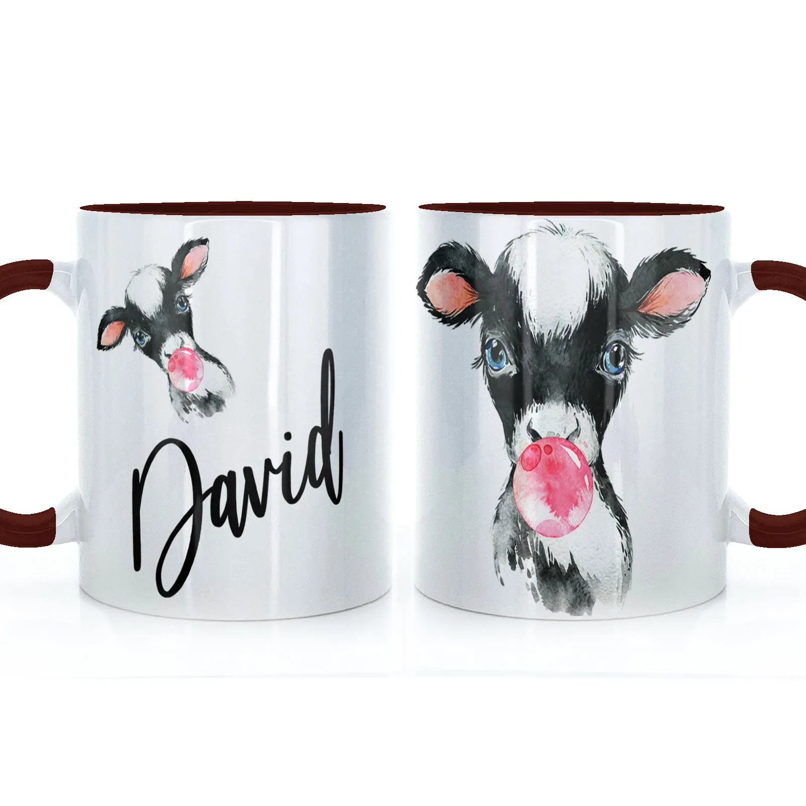 Personalised Mug with Stylish Text and Bubble Gum Cow