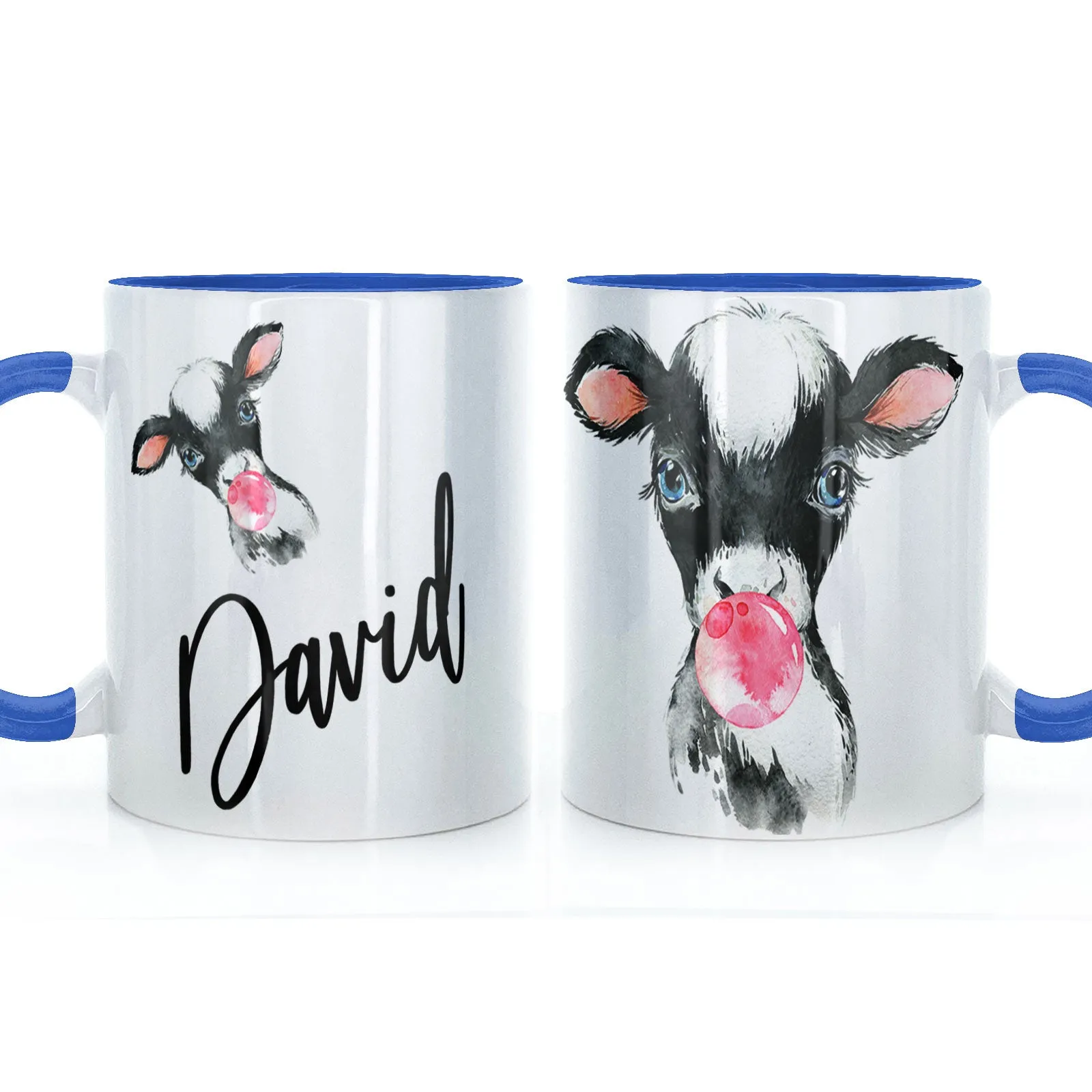 Personalised Mug with Stylish Text and Bubble Gum Cow