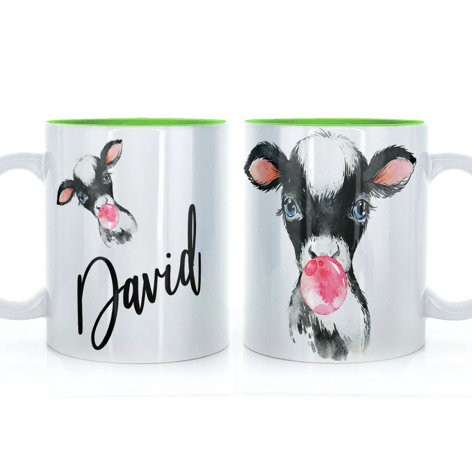 Personalised Mug with Stylish Text and Bubble Gum Cow