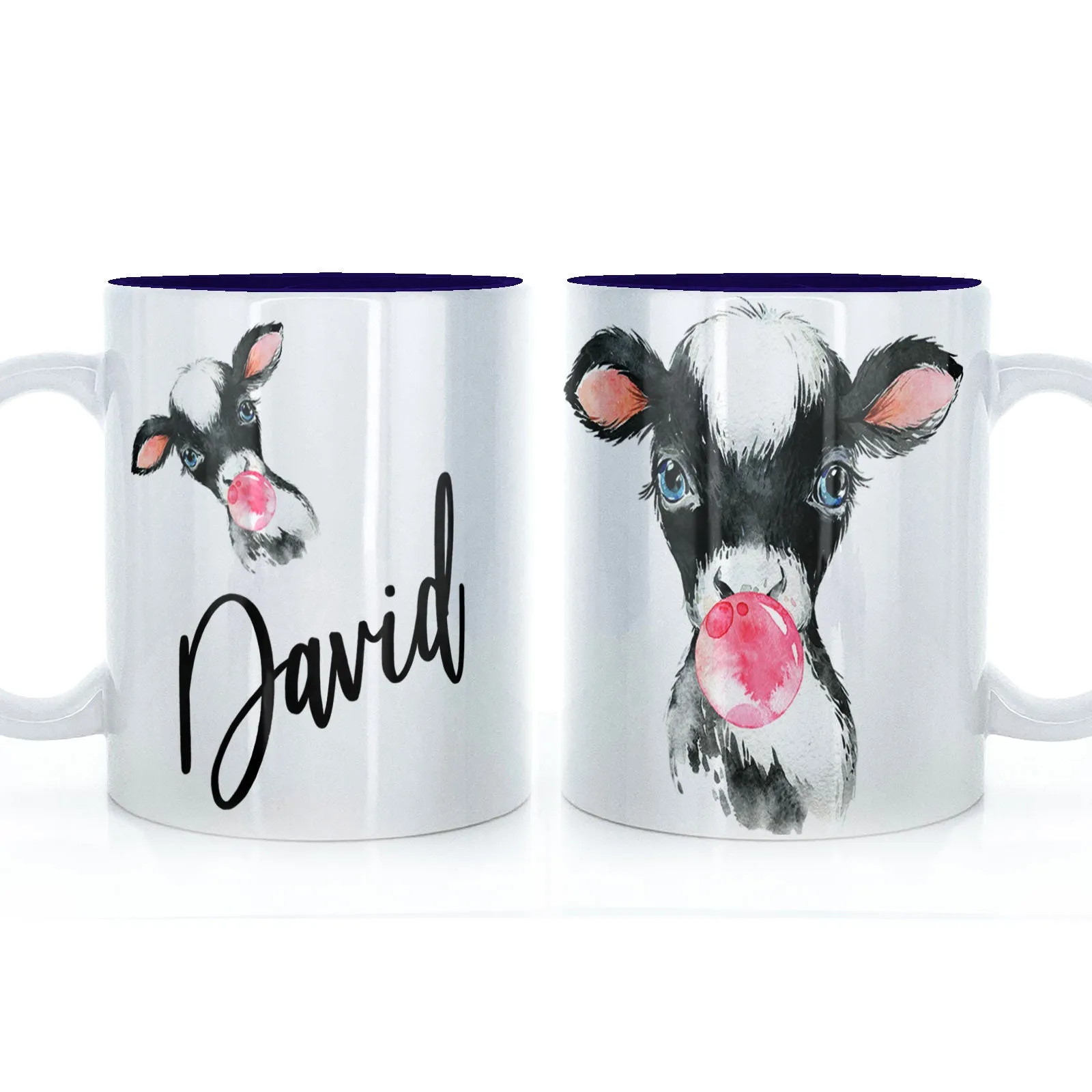 Personalised Mug with Stylish Text and Bubble Gum Cow