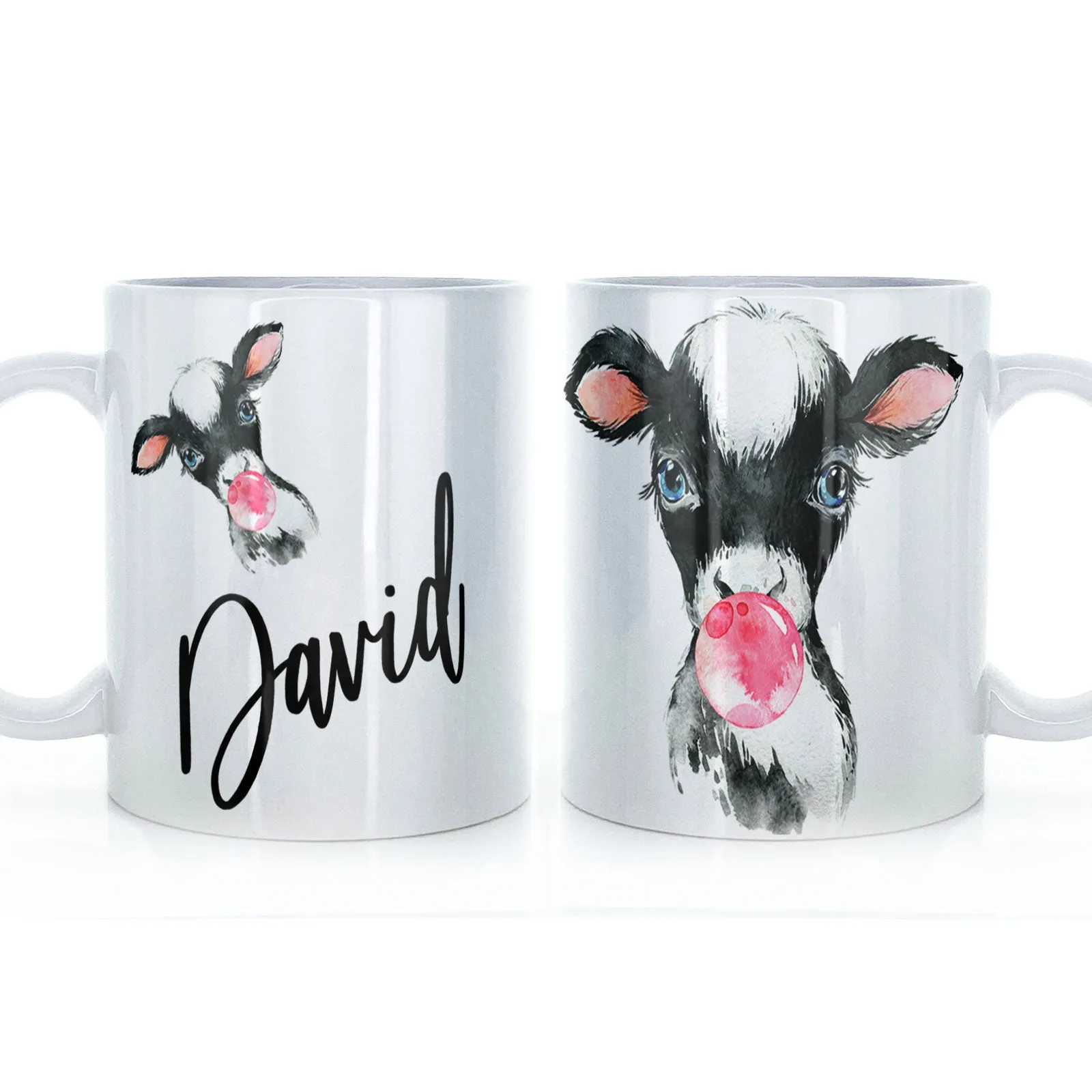 Personalised Mug with Stylish Text and Bubble Gum Cow