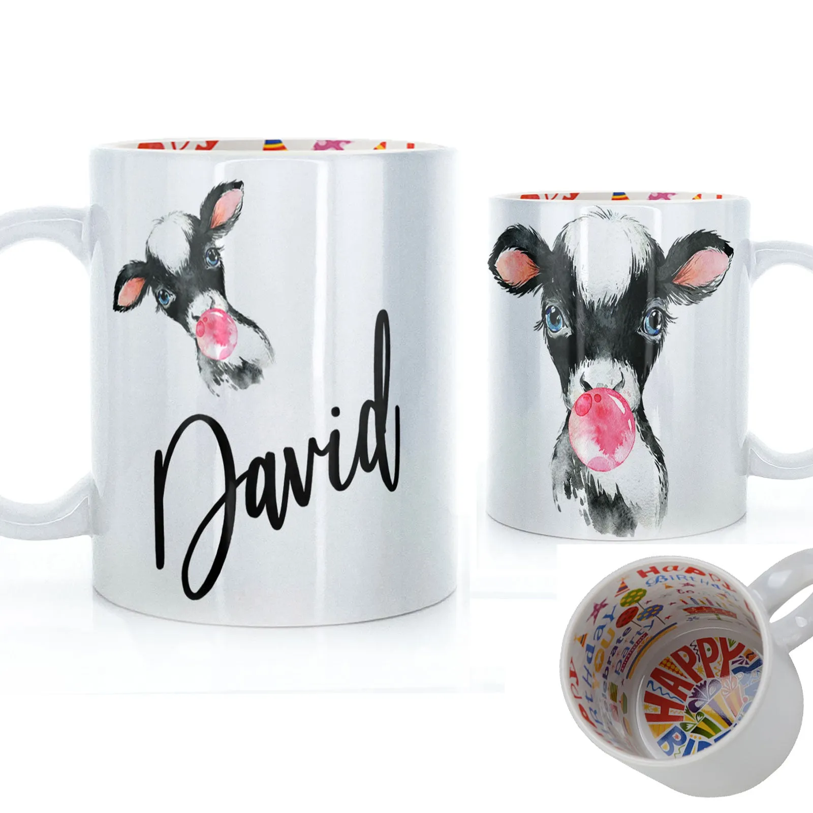 Personalised Mug with Stylish Text and Bubble Gum Cow